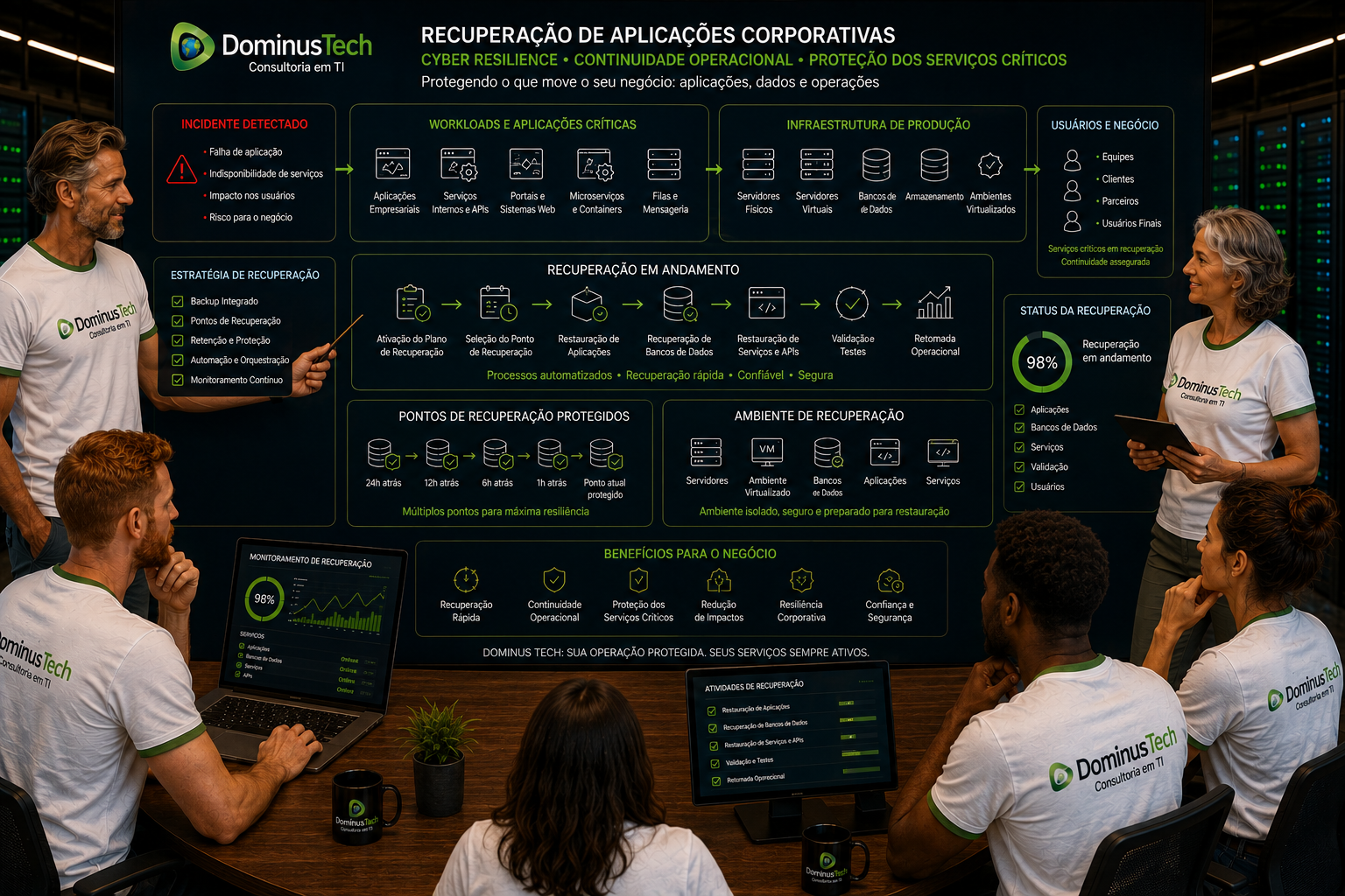 Equipe da Dominus Tech conduzindo a recuperação de aplicações corporativas, com workloads críticos, servidores, bancos de dados e serviços sendo restaurados a partir de pontos de recuperação protegidos.