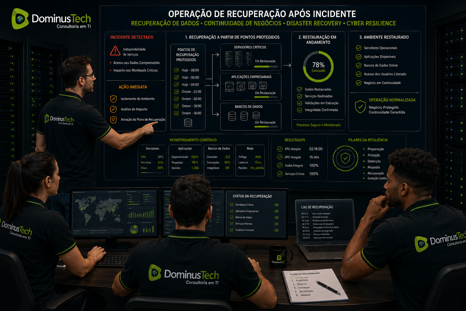 Equipe da Dominus Tech conduzindo uma operação de recuperação de servidores, aplicações e bancos de dados a partir de pontos de recuperação protegidos.