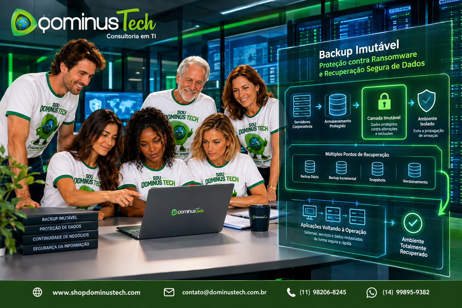 Equipe da Dominus Tech acompanhando a recuperação de dados após ransomware, com servidores restaurados, backup protegido, armazenamento imutável e aplicações retornando à operação.