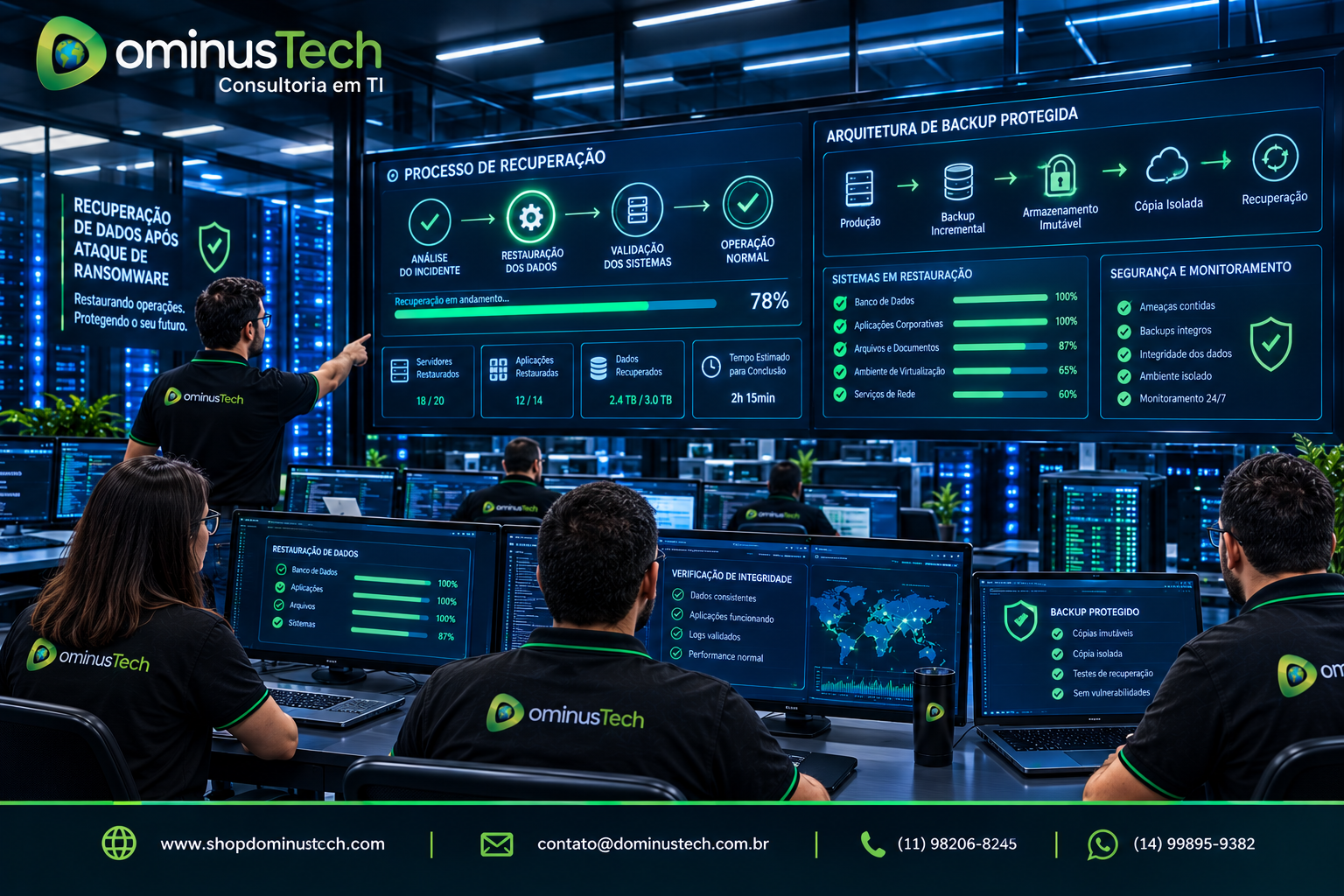 Equipe da Dominus Tech trabalhando em um centro tecnológico corporativo durante a recuperação de dados após ataque de ransomware, com servidores restaurados, sistemas em recuperação e backup protegido.