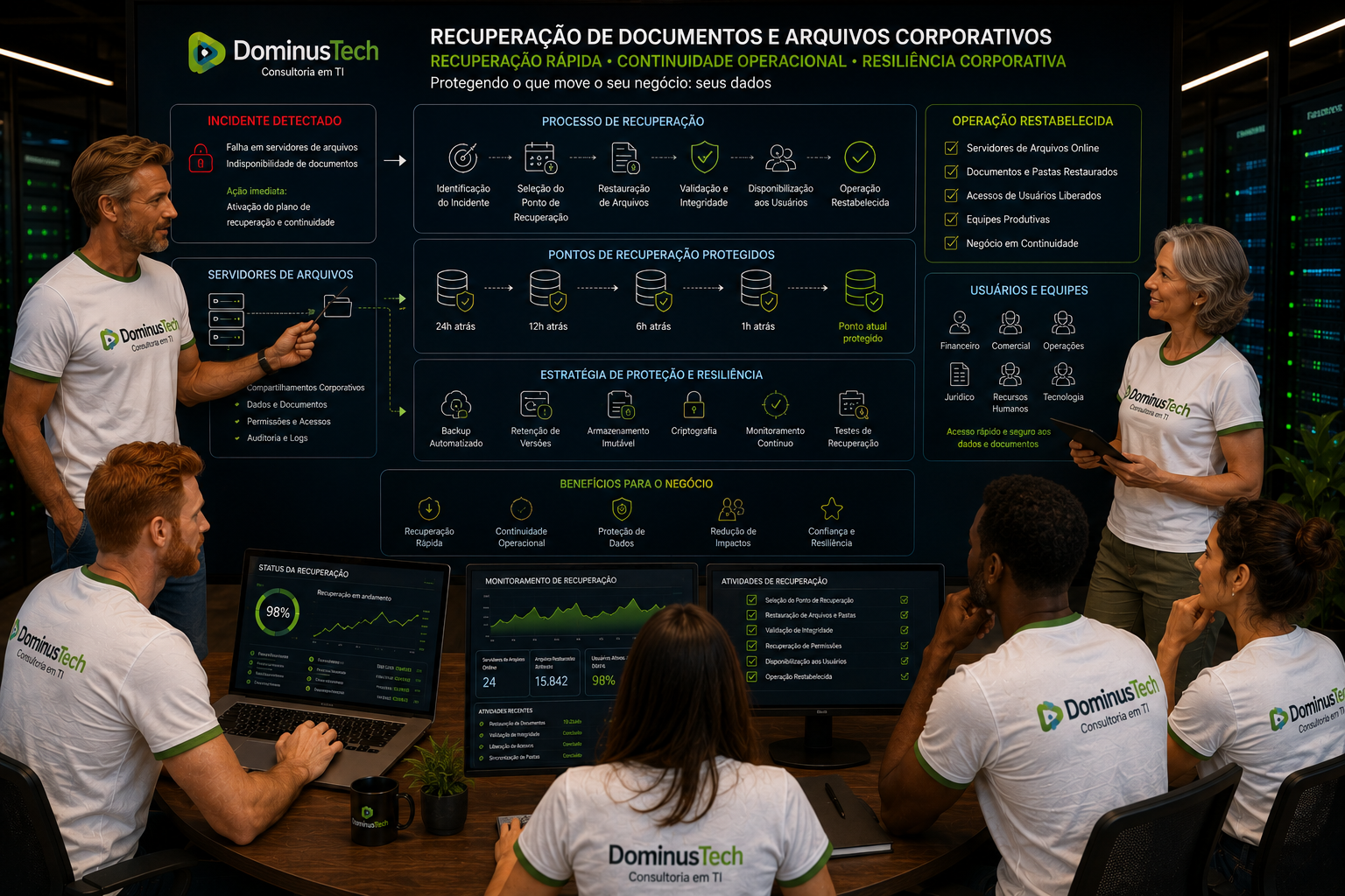 Equipe da Dominus Tech realizando recuperação de documentos e arquivos corporativos após incidente, com pontos de recuperação protegidos.