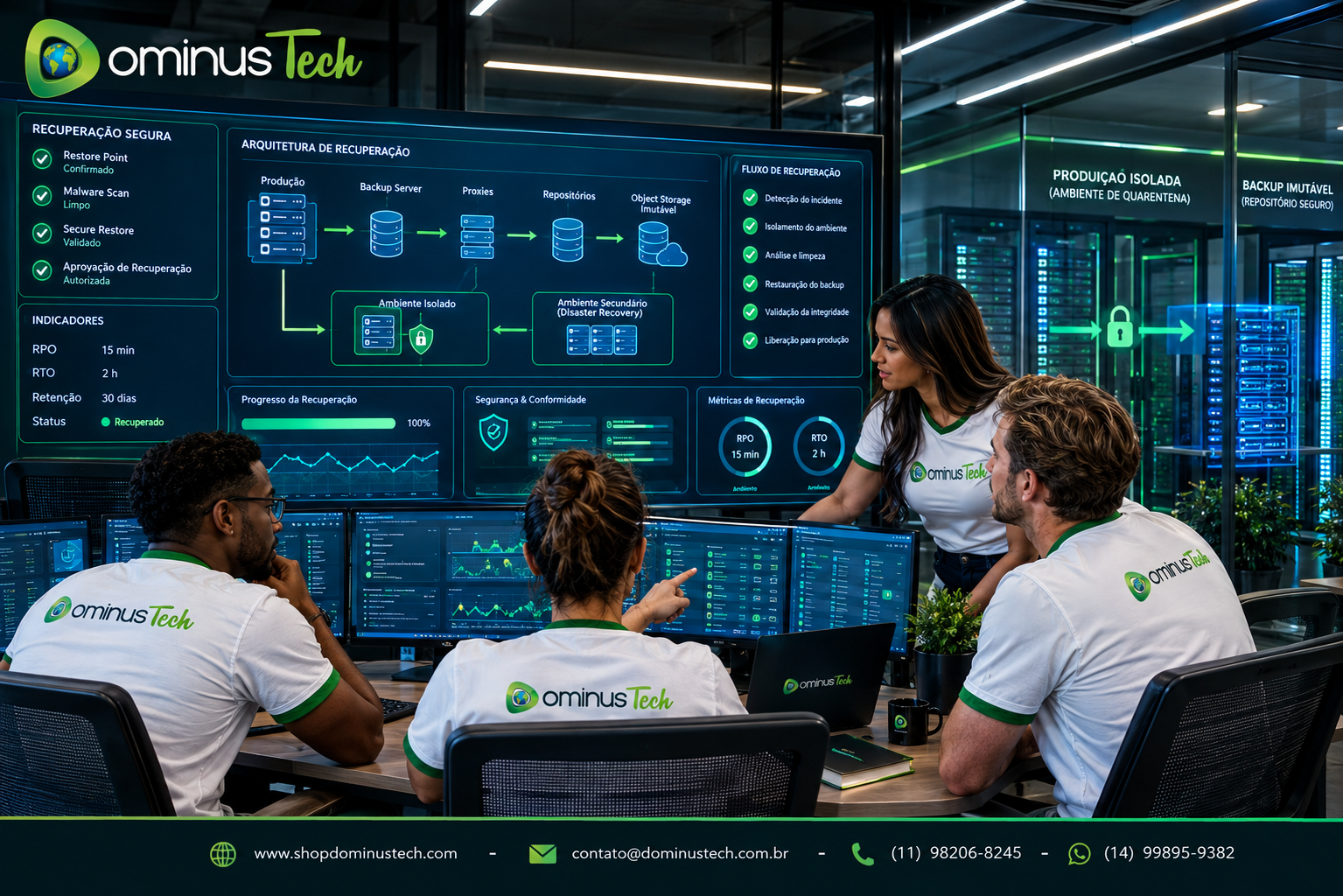 Equipe da Dominus Tech validando uma máquina recuperada após ransomware em ambiente isolado, analisando restore point, verificação de malware, recuperação segura e backup imutável.