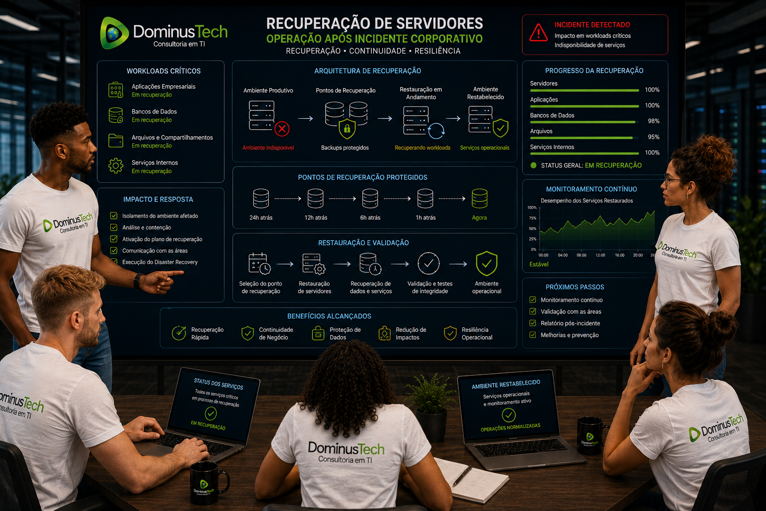 Equipe da Dominus Tech conduzindo uma operação de recuperação de servidores, com workloads críticos, aplicações, arquivos e bancos de dados sendo restaurados a partir de pontos de recuperação protegidos.