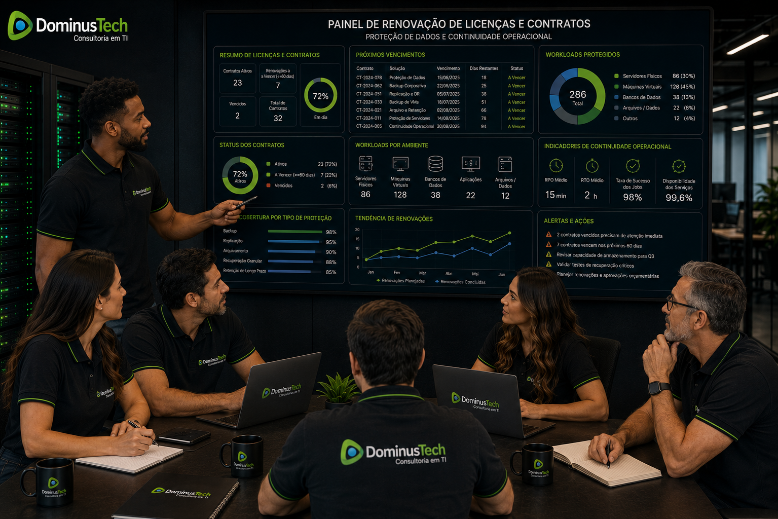 Equipe da Dominus Tech analisando painel corporativo de renovação de licenças e contratos, com indicadores de workloads protegidos, servidores, máquinas virtuais, vencimentos e continuidade operacional.