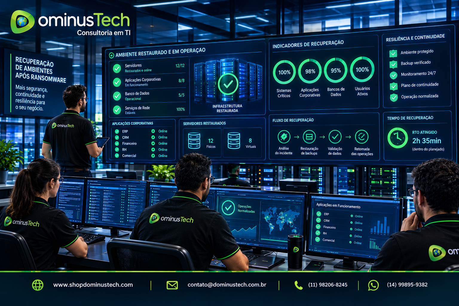 Profissionais da Dominus Tech acompanhando a retomada das operações após ransomware, com servidores restaurados, aplicações corporativas funcionando e indicadores de recuperação e resiliência.