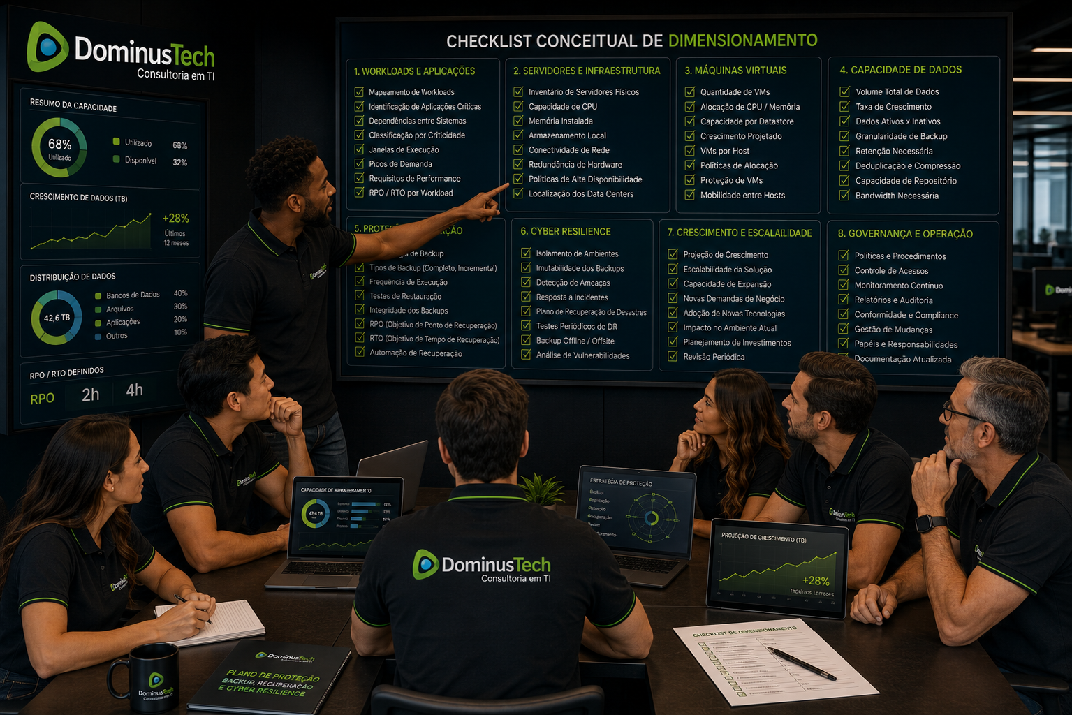 Equipe técnica e comercial da Dominus Tech realizando reunião estratégica de dimensionamento, analisando workloads, servidores, máquinas virtuais, capacidade de dados, recuperação, cyber resilience e crescimento da infraestrutura. Como Escolher a Licença Arcserve