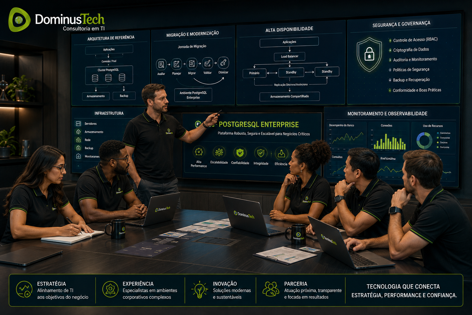 Equipe Dominus Tech reunida em ambiente corporativo analisando arquitetura, migração, alta disponibilidade, segurança e infraestrutura de uma plataforma PostgreSQL Enterprise.