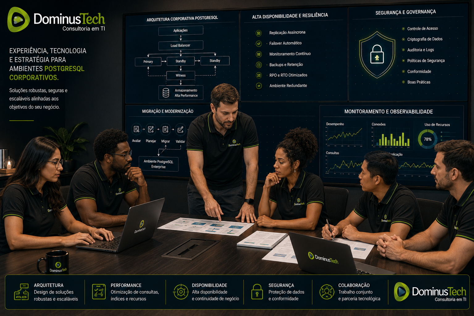 Equipe de especialistas da Dominus Tech em reunião técnica, analisando arquitetura corporativa PostgreSQL, infraestrutura, alta disponibilidade, segurança e monitoramento. Parceiro Gold EnterpriseDB