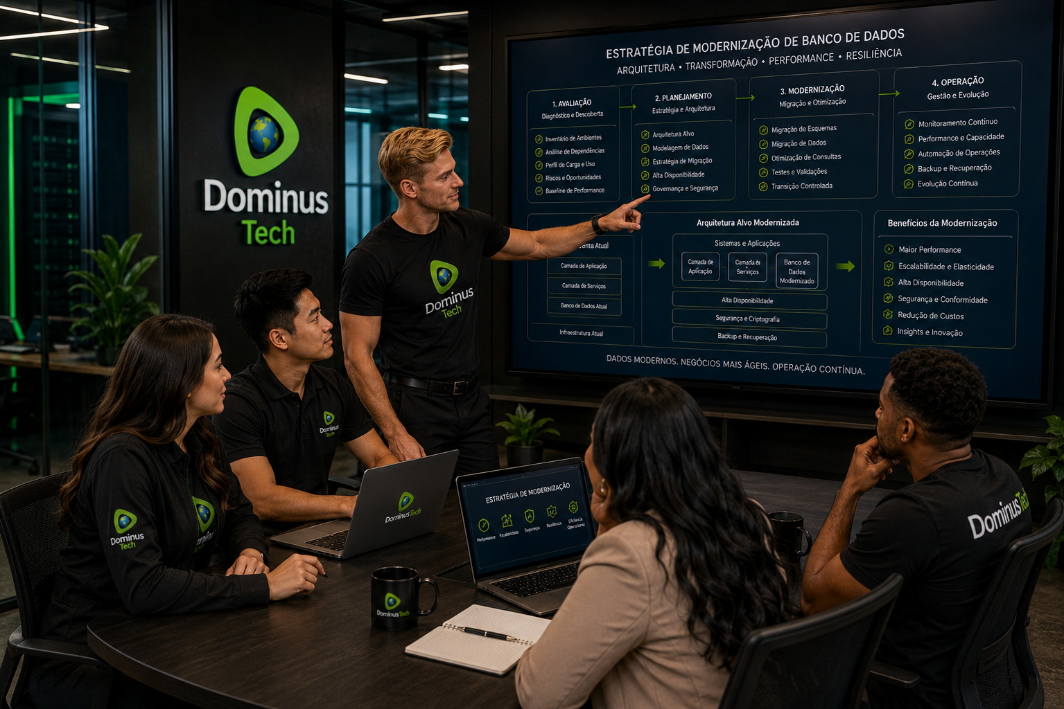 Equipe da Dominus Tech em reunião técnica analisando estratégia de modernização de banco de dados, arquitetura, transformação tecnológica, planejamento e operação empresarial.