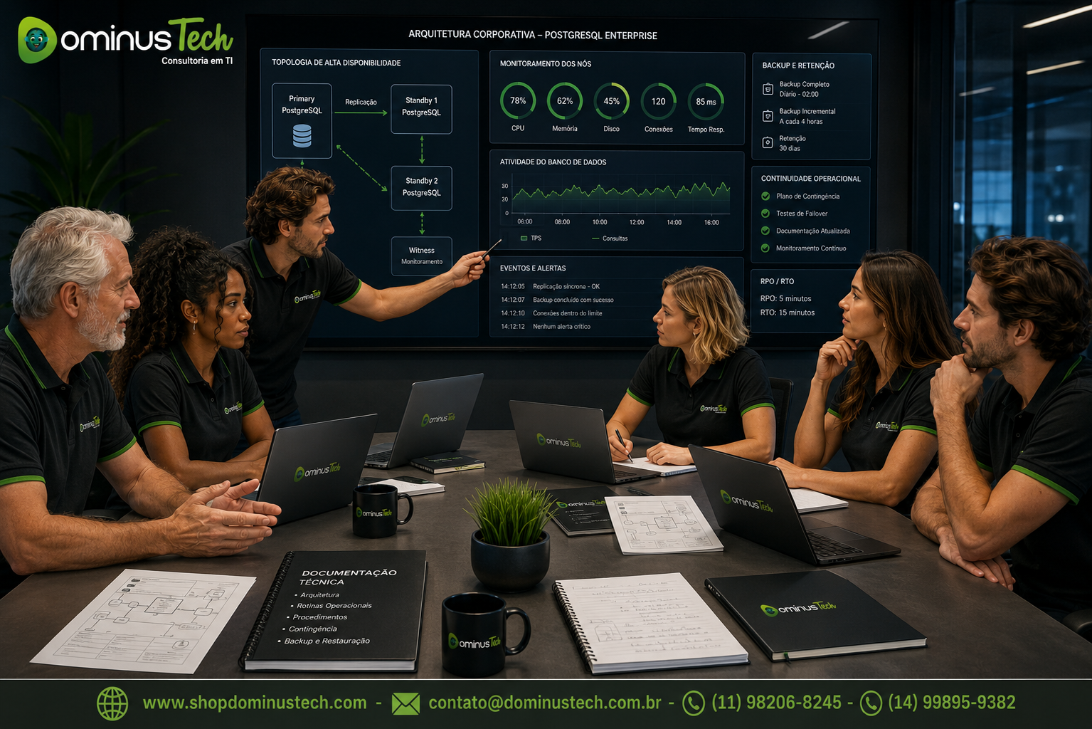 Equipe da Dominus Tech realizando reunião técnica de sustentação diante de uma arquitetura PostgreSQL corporativa com servidores, replicação, backup e monitoramento.