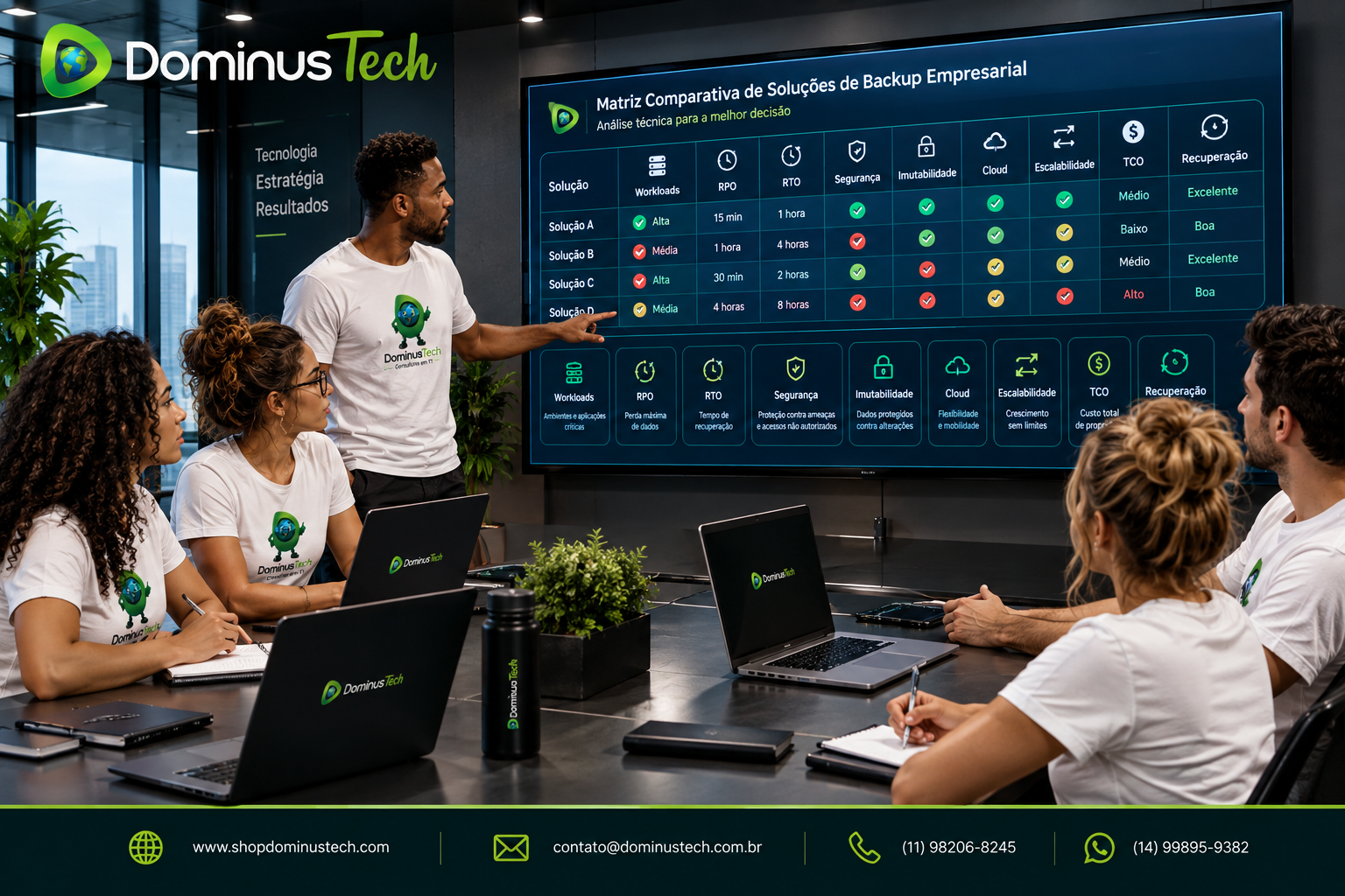 Equipe da Dominus Tech analisando matriz comparativa de soluções de backup empresarial com RPO, RTO, segurança, imutabilidade e recuperação
