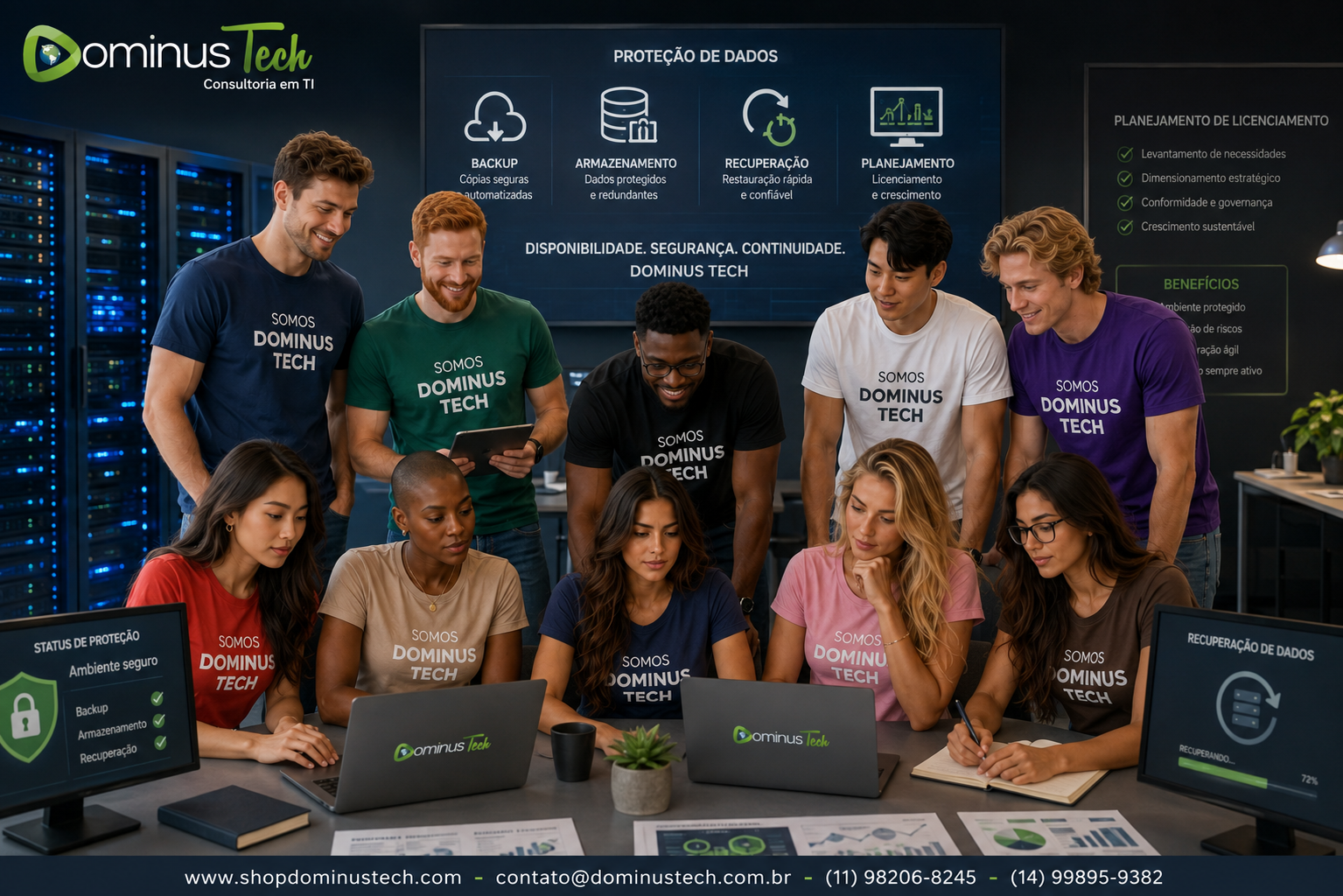 Equipe Dominus Tech em ambiente empresarial de tecnologia representando soluções de backup, proteção, armazenamento e recuperação de dados.