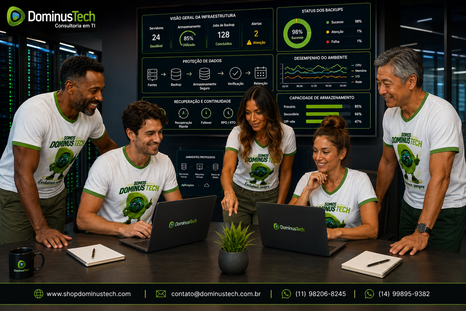 Equipe da Dominus Tech prestando suporte em infraestrutura empresarial de backup e proteção de dados