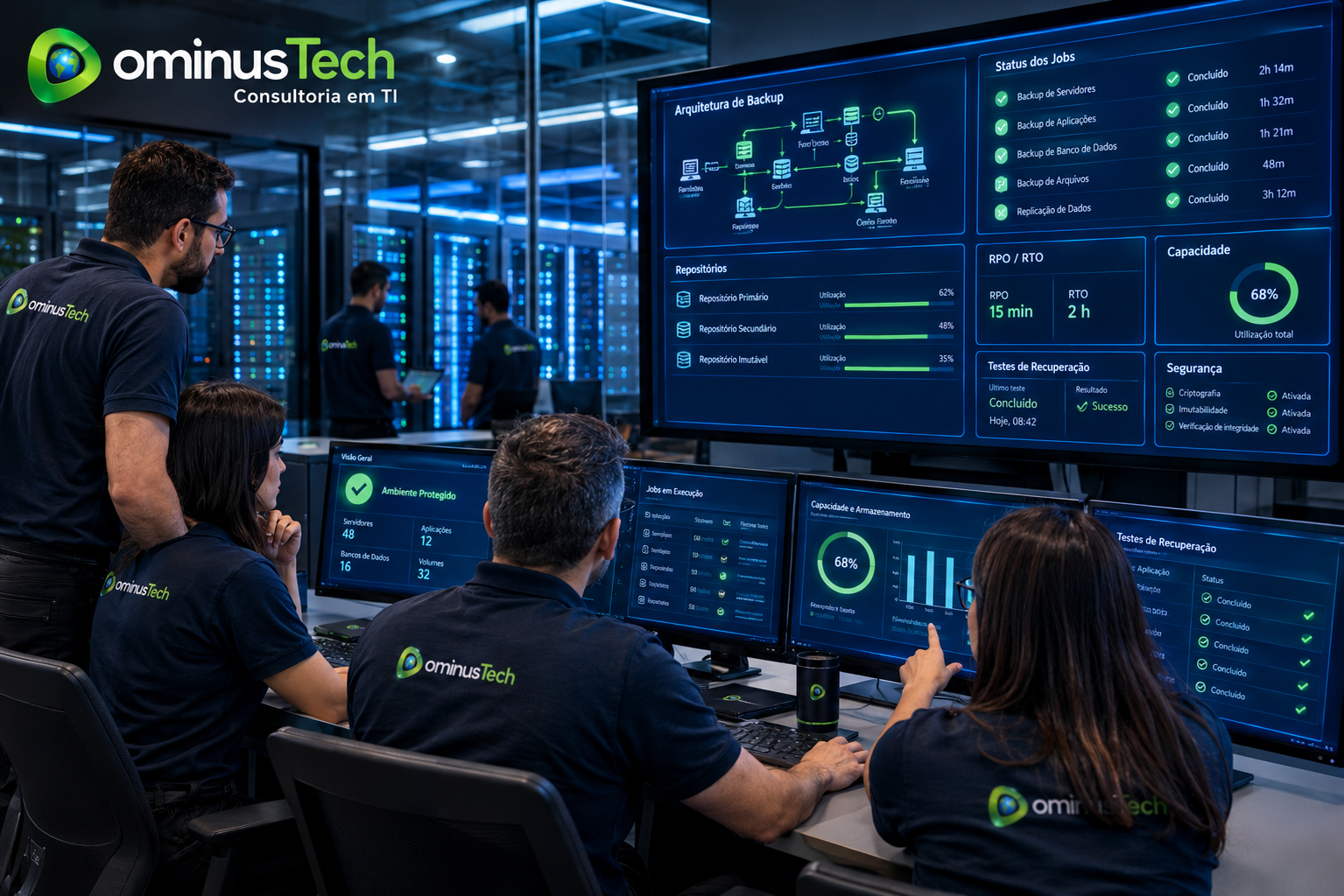 Equipe da Dominus Tech realizando a validação de um projeto de backup empresarial, analisando status de jobs, repositórios, RPO, RTO, capacidade, testes de recuperação e indicadores de segurança.