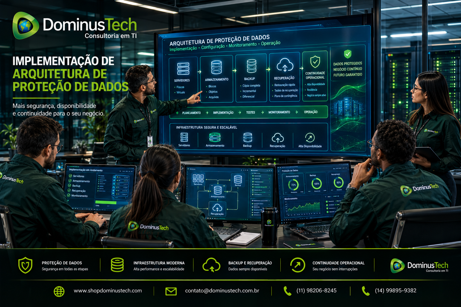 Equipe técnica da Dominus Tech trabalhando na implementação de arquitetura corporativa de proteção de dados, backup, armazenamento e recuperação