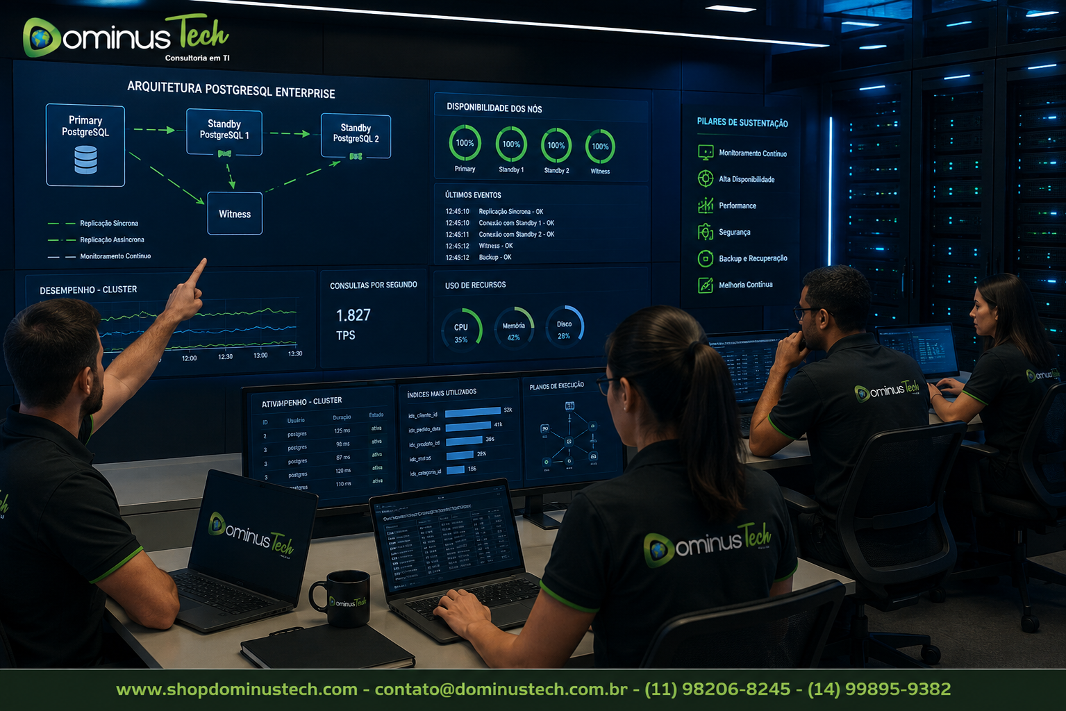Equipe técnica da Dominus Tech analisando painéis de monitoramento, disponibilidade, desempenho e arquitetura PostgreSQL Enterprise em uma sala de operações corporativa.