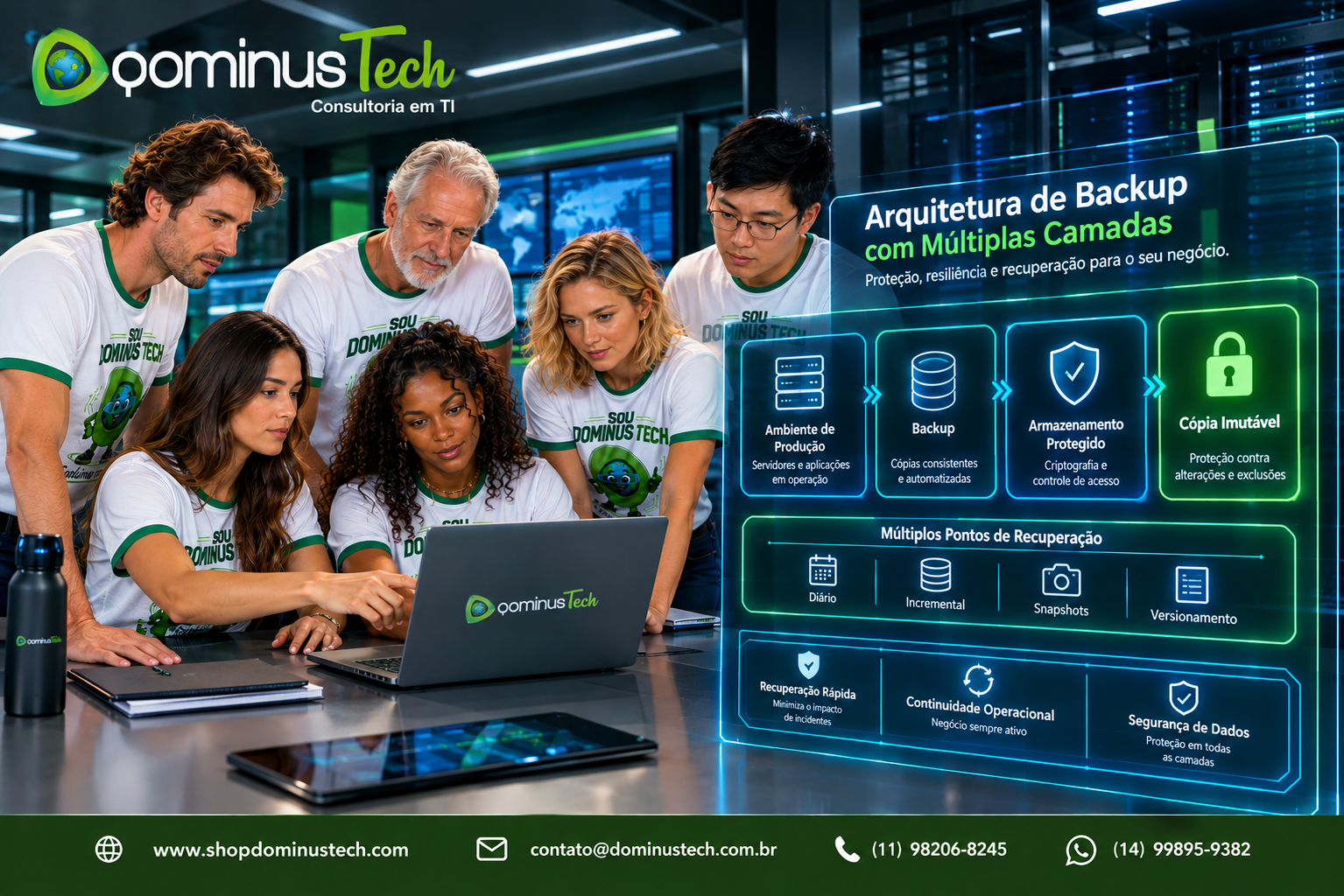 Especialistas da Dominus Tech analisando uma arquitetura de backup com múltiplas camadas, incluindo ambiente de produção, backup, armazenamento protegido e cópia imutável para recuperação.