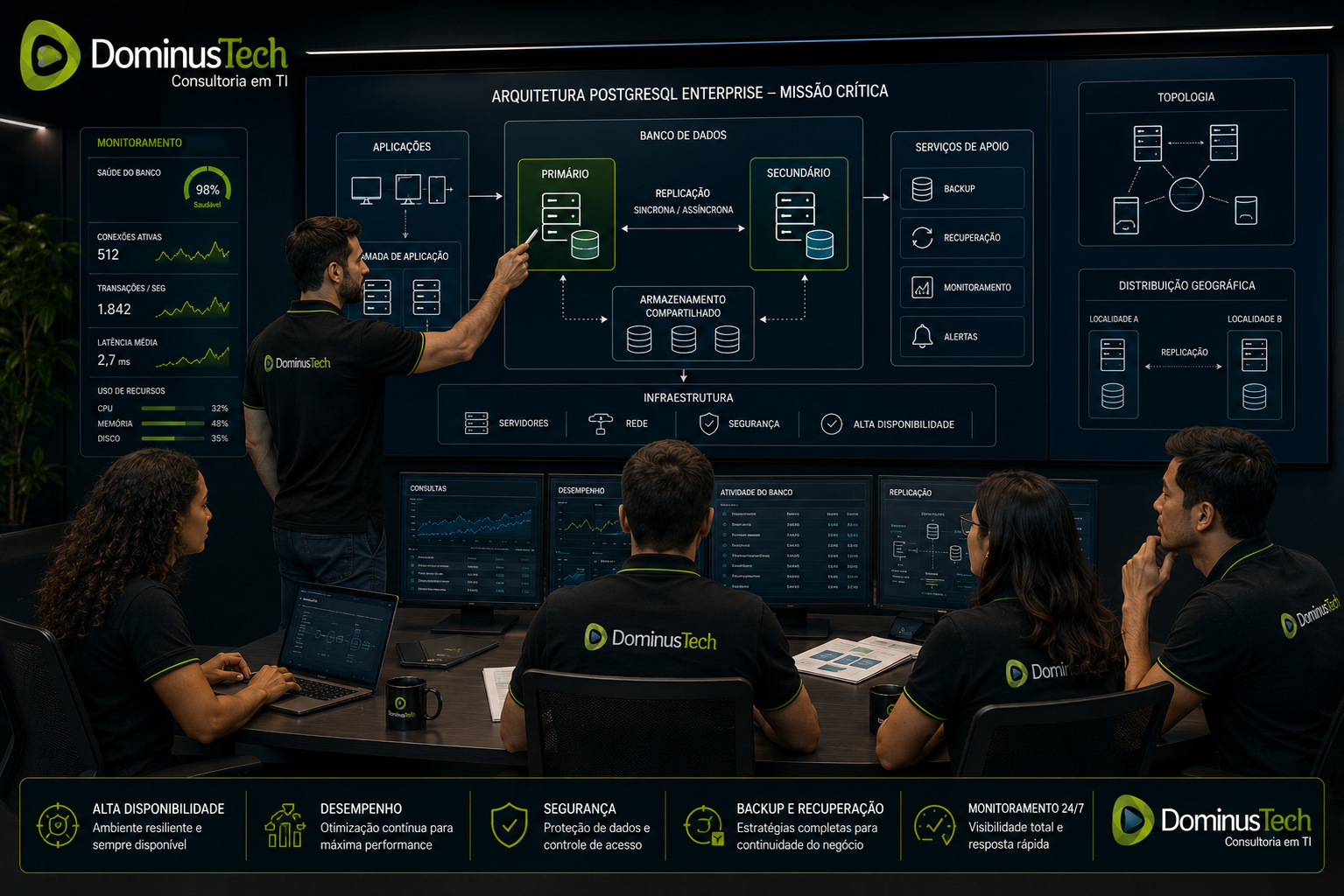 Especialistas da Dominus Tech analisando arquitetura PostgreSQL Enterprise de missão crítica em sala de operações, com servidores, replicação, armazenamento, aplicações, backup e recuperação. Parceiro Gold EnterpriseDB