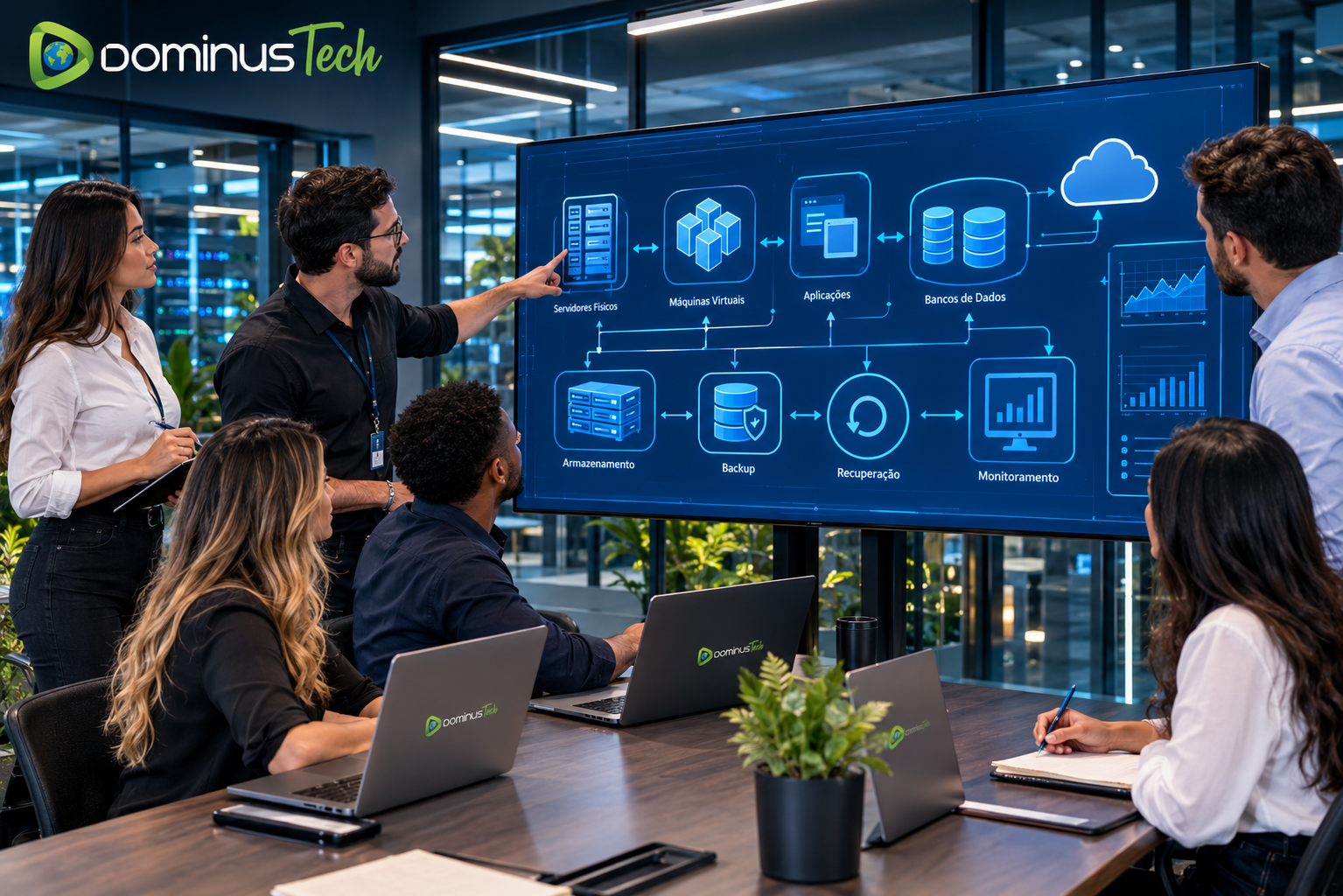 Especialistas da Dominus Tech analisando uma arquitetura corporativa de proteção de dados com servidores, virtualização, aplicações, armazenamento, backup e recuperação