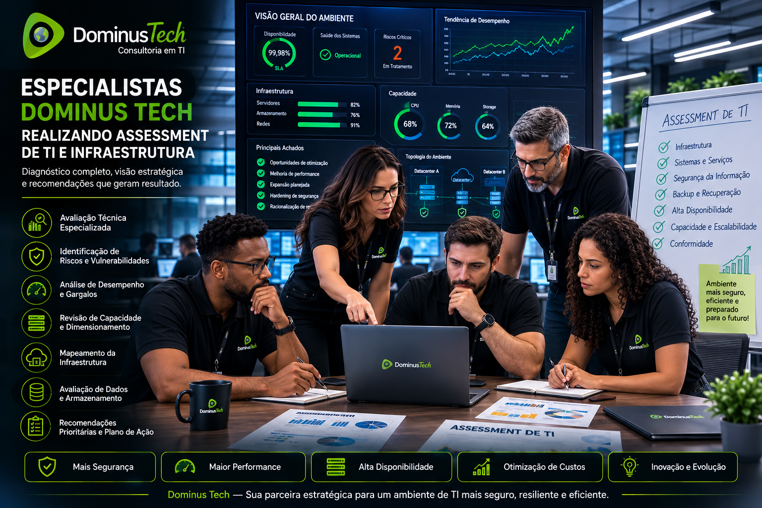 Especialistas Dominus Tech realizando assessment de TI e infraestrutura corporativa para identificar riscos, gargalos, desempenho e oportunidades de melhoria.