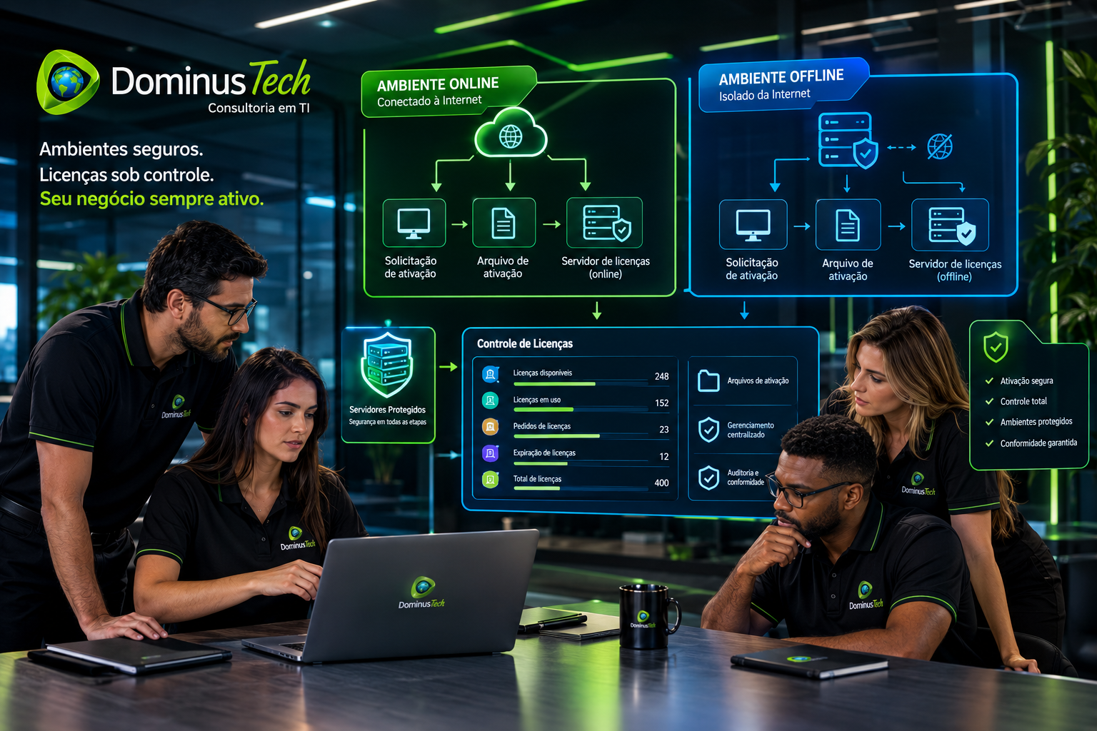 Especialistas da Dominus Tech analisando ambientes corporativos de ativação online e offline de licenças com servidores protegidos e controle de licenças. Arcserve License Portal