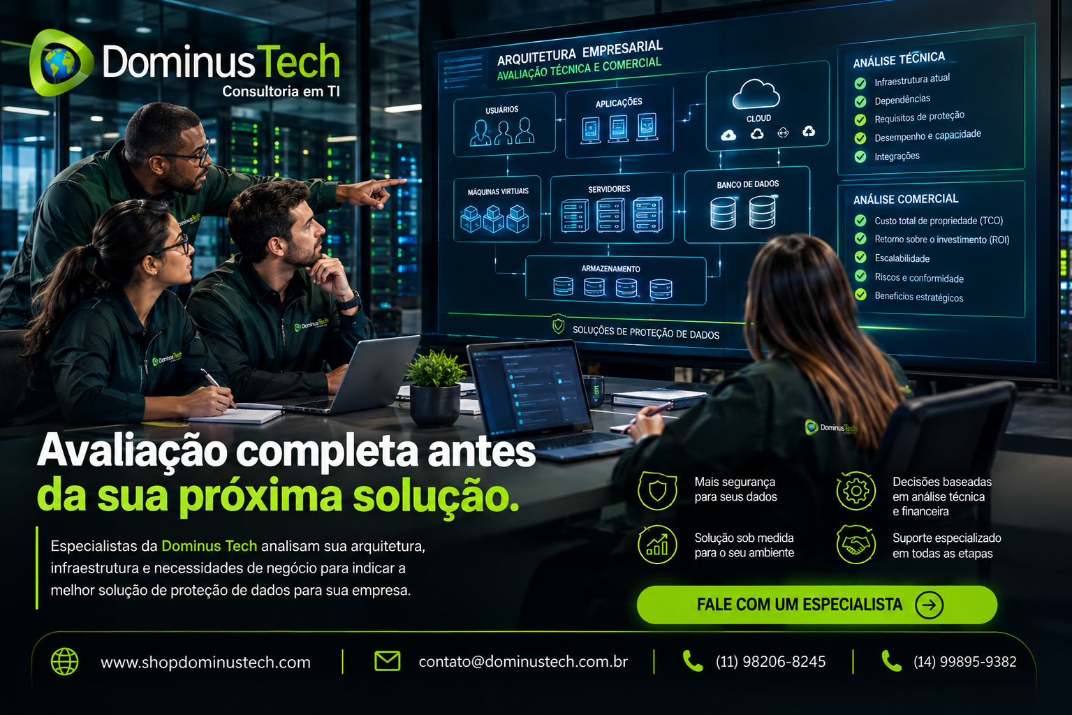 Especialistas da Dominus Tech analisando arquitetura empresarial com servidores, máquinas virtuais, aplicações, bancos de dados, cloud e armazenamento. Comprar Arcserve