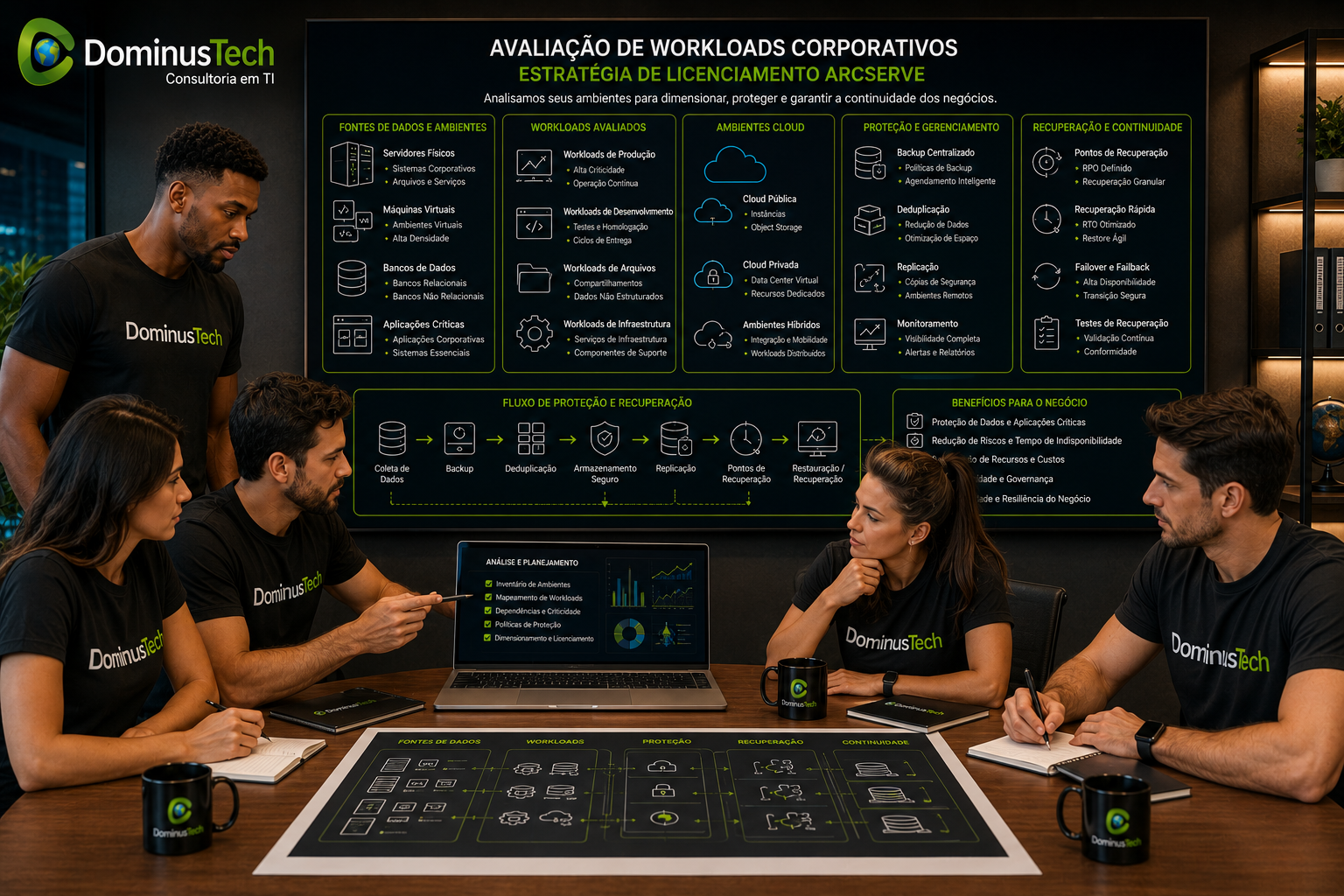 Especialistas da Dominus Tech avaliando workloads corporativos para definir uma estratégia de licenciamento Arcserve, com servidores, bancos de dados, máquinas virtuais, aplicações críticas e ambientes cloud.