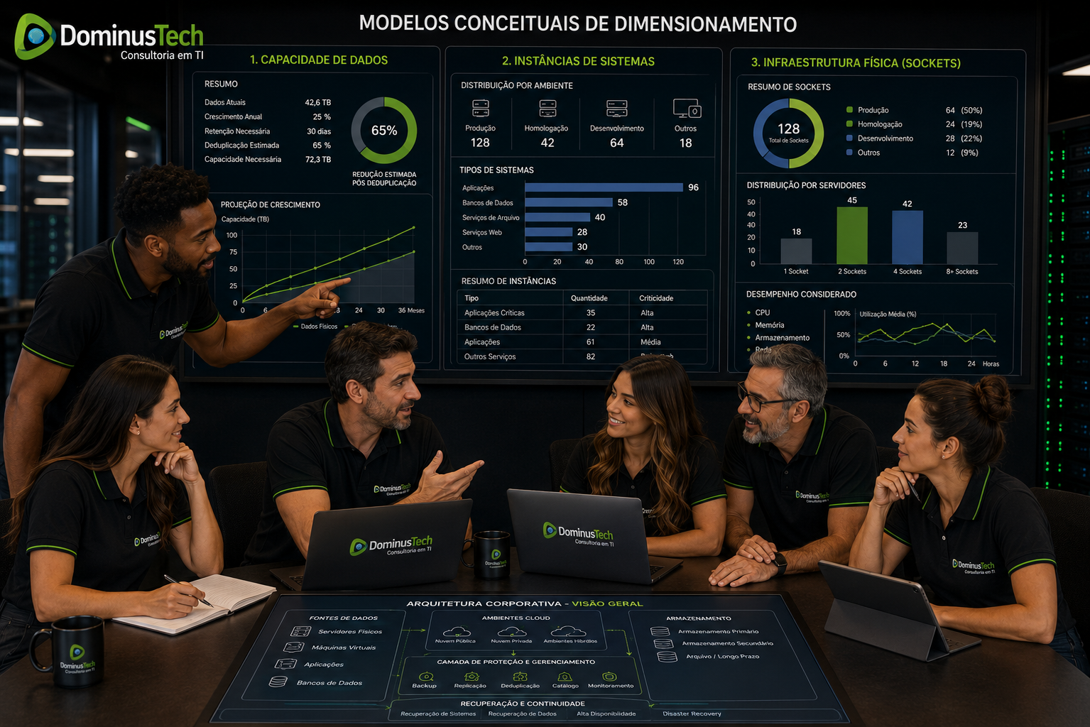 Especialistas da Dominus Tech analisando três modelos conceituais de dimensionamento de infraestrutura, considerando capacidade de dados, instâncias de sistemas e servidores físicos baseados em sockets. Como Escolher a Licença Arcserve