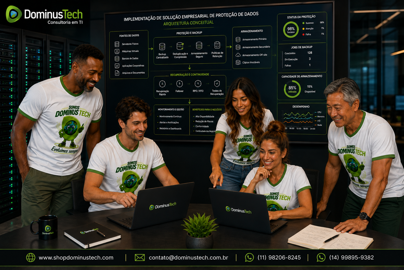 Profissionais da Dominus Tech implementando solução empresarial de proteção de dados com servidores, backup, armazenamento e recuperação