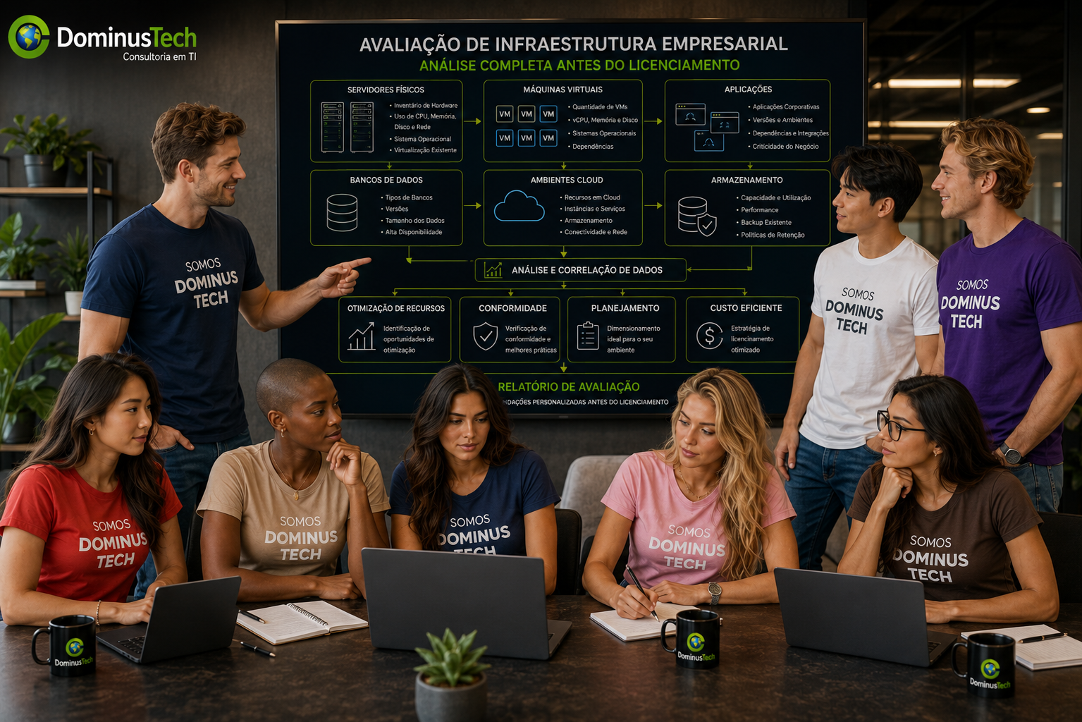 Especialistas da Dominus Tech analisando uma infraestrutura empresarial com servidores físicos, máquinas virtuais, aplicações, bancos de dados e ambientes cloud antes do processo de licenciamento.