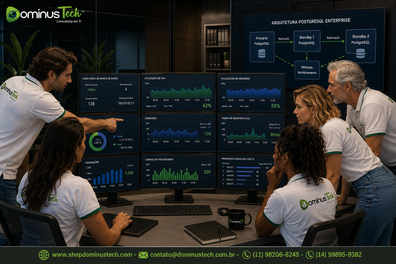 Especialistas da Dominus Tech analisando gráficos técnicos de CPU, memória, armazenamento, conexões e tempo de resposta de um ambiente PostgreSQL corporativo.