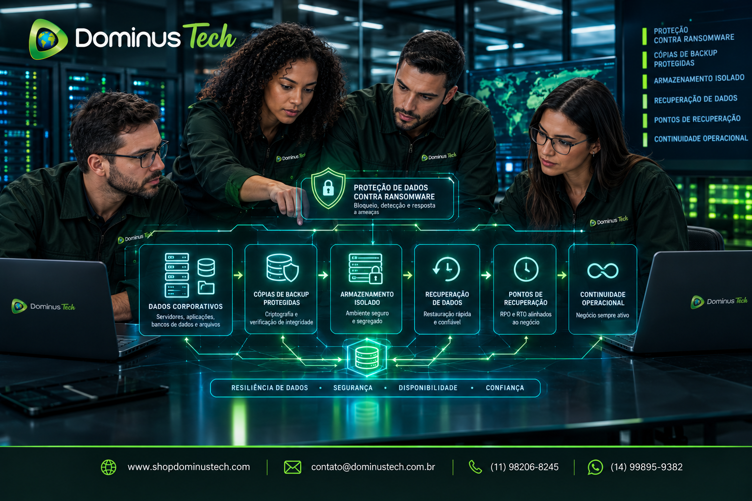 Especialistas Dominus Tech analisando arquitetura de proteção contra ransomware, backup e recuperação de dados