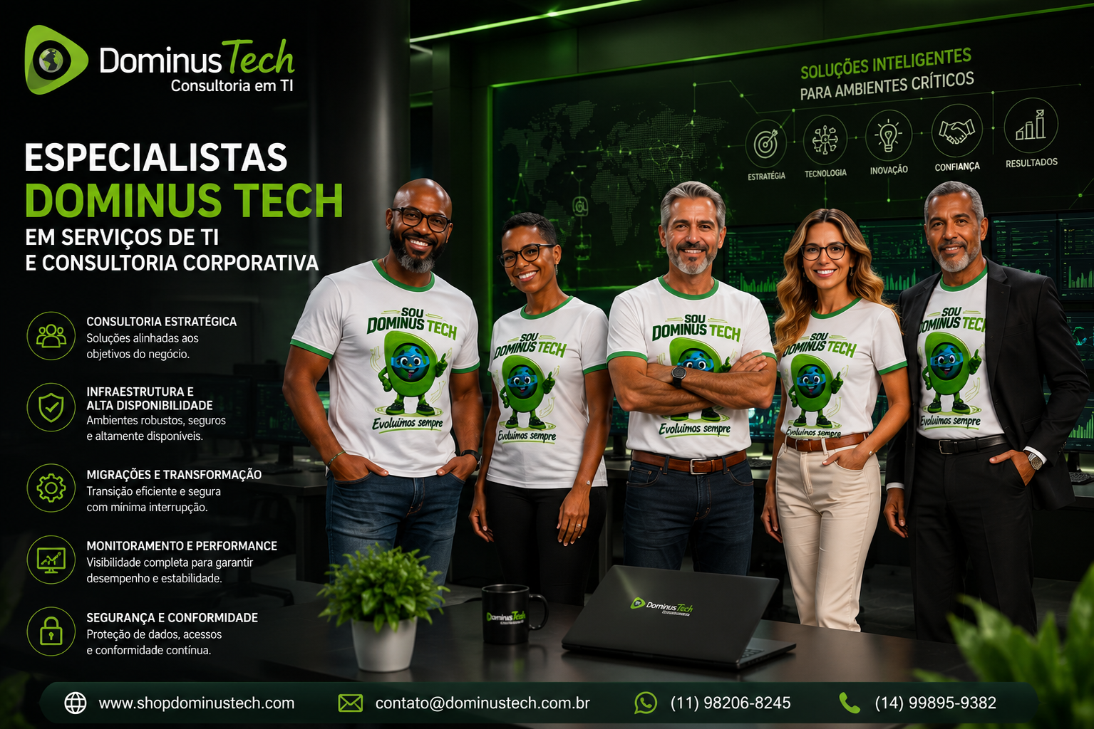 Equipe de especialistas da Dominus Tech em ambiente corporativo de tecnologia, representando serviços de TI, consultoria, infraestrutura, migração, monitoramento, segurança e alta disponibilidade.