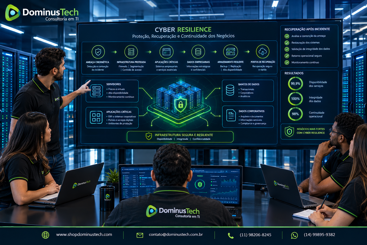 Equipe da Dominus Tech conduzindo estratégia de cyber resilience em data center corporativo com servidores, aplicações críticas, dados empresariais, armazenamento resiliente e pontos de recuperação seguros. Arcserve Backup para Data Centers