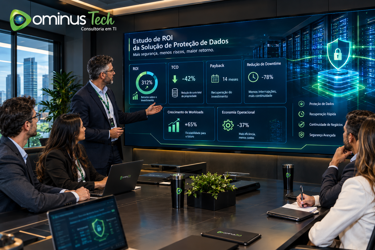 Equipe da Dominus Tech analisando estudo de ROI de solução de proteção de dados com indicadores de TCO, payback, downtime e economia operacional.