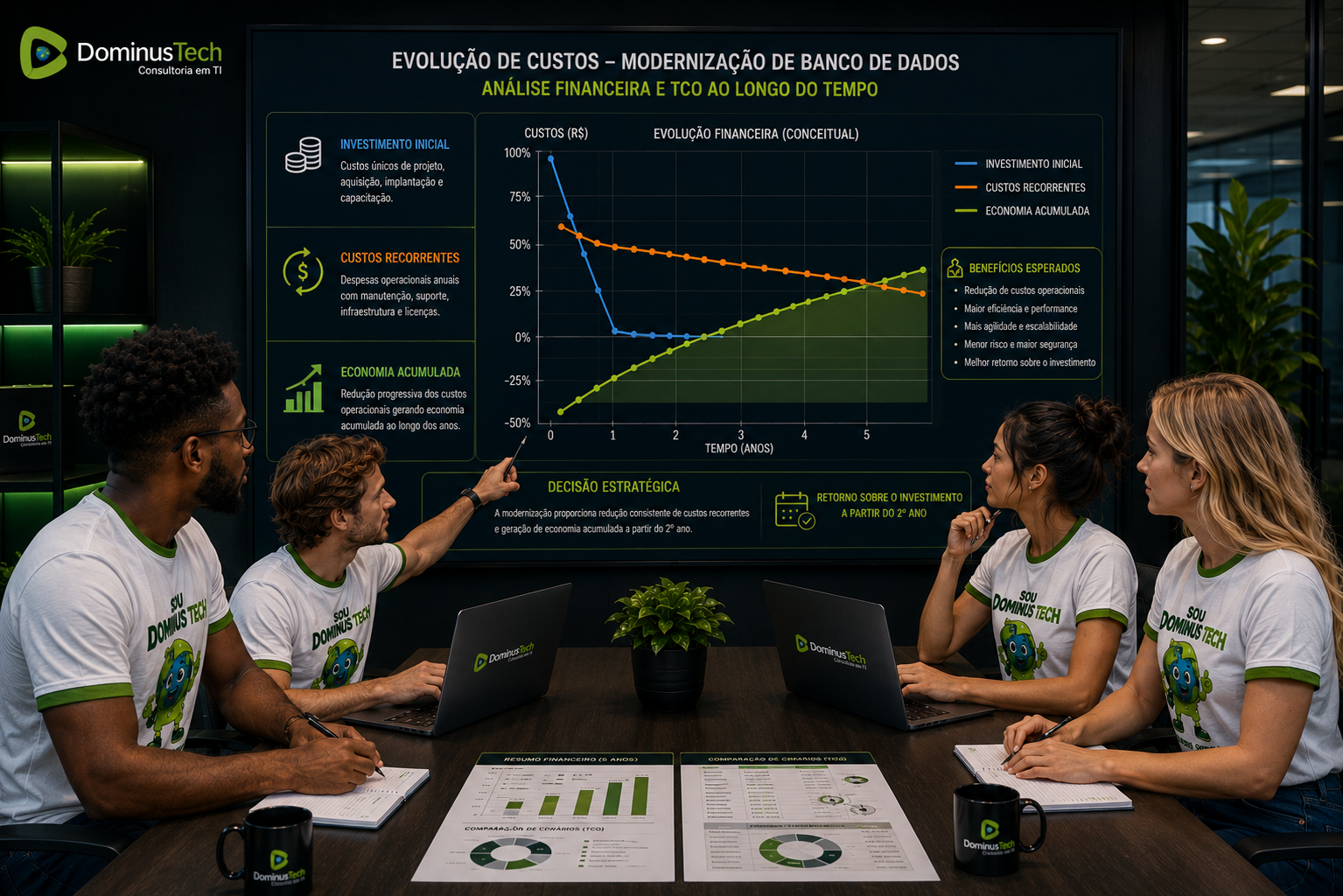 Equipe da Dominus Tech analisando gráfico de evolução de custos, investimento inicial, despesas recorrentes e economia acumulada para modernização de banco de dados. Custo de Licenciamento Oracle vs PostgreSQL/EDB