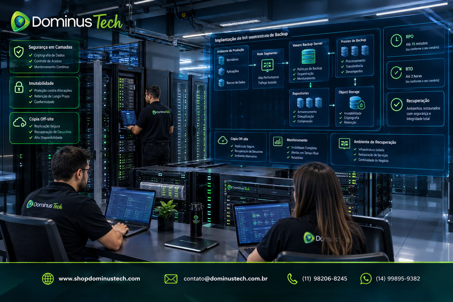 Profissionais da Dominus Tech implementando infraestrutura de backup empresarial com servidores, storage, rede segmentada, repositories protegidos, imutabilidade, cópia off-site e monitoramento. Veeam Implementação