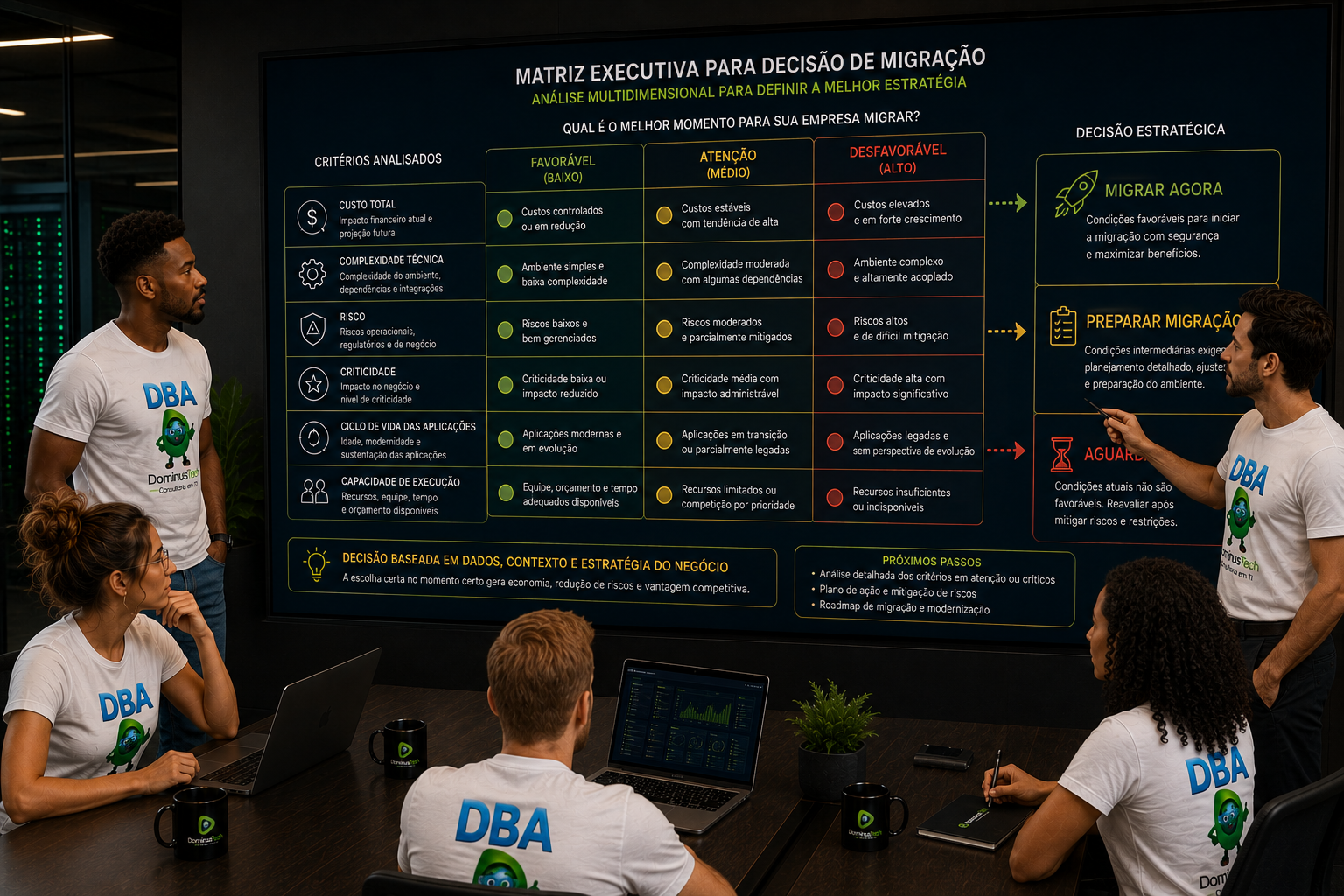 Equipe da Dominus Tech analisando matriz executiva com custo, complexidade técnica, risco, criticidade e ciclo de vida para decisão de migração de banco de dados. Quando Migrar Oracle para PostgreSQL