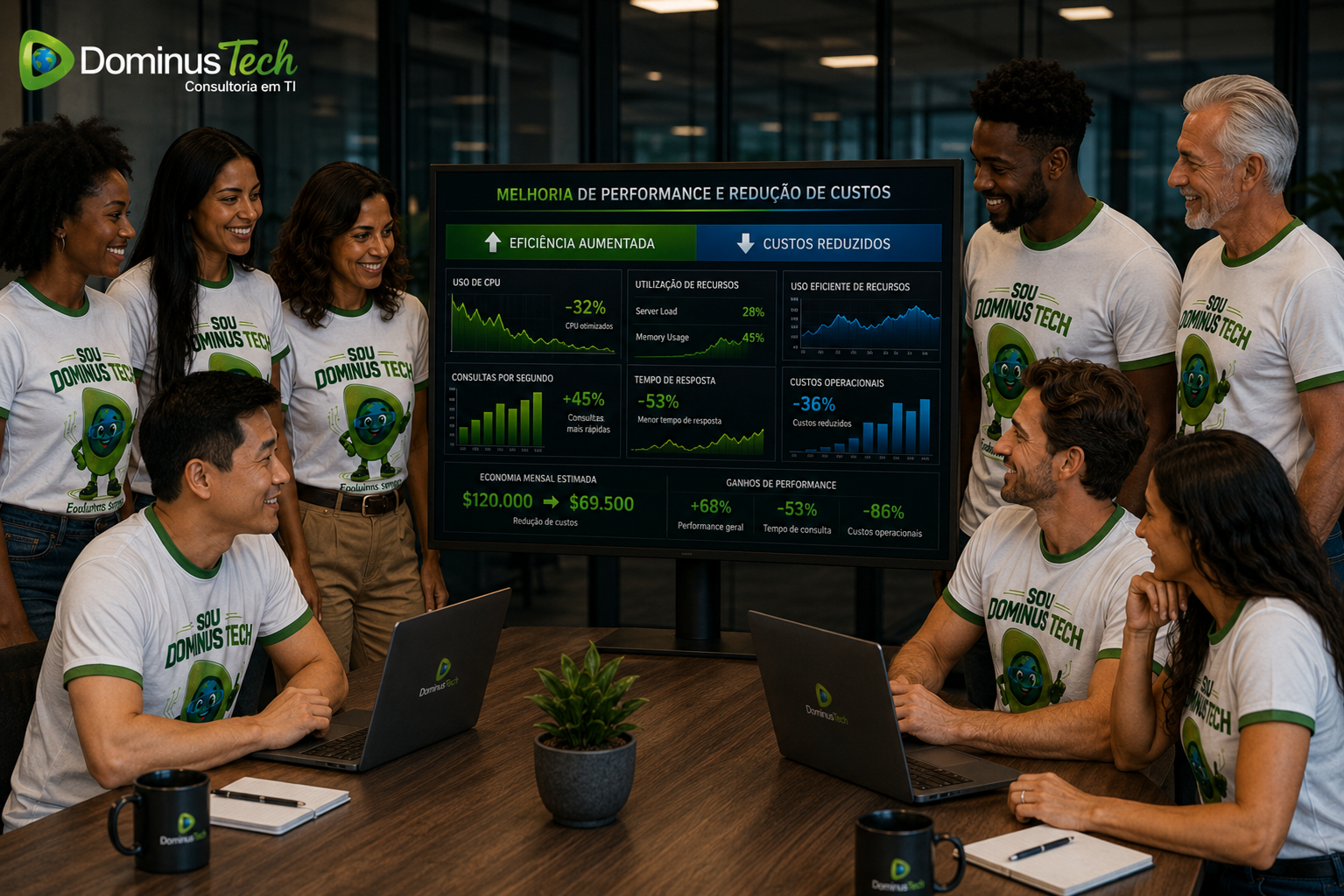 Equipe Dominus Tech em ambiente corporativo analisando dashboard de melhoria de performance e redução de custos de banco de dados
