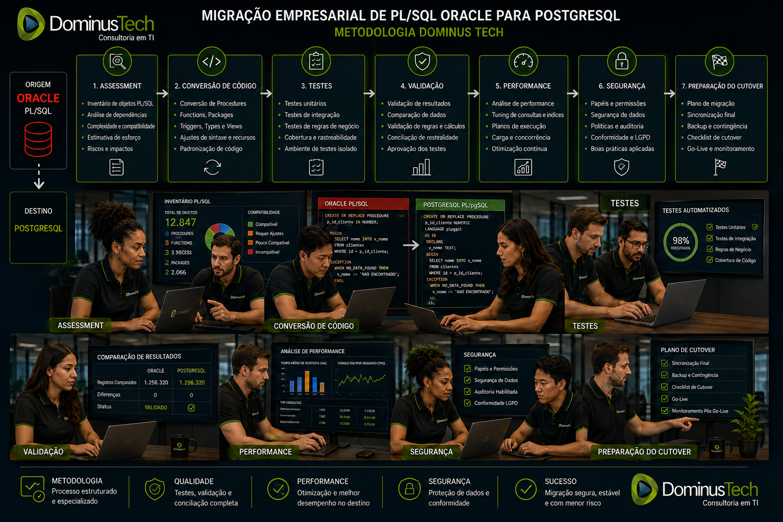 Metodologia Dominus Tech para migração empresarial de PL/SQL Oracle para PostgreSQL, com etapas de assessment, conversão de código, testes, validação, performance, segurança e cutover