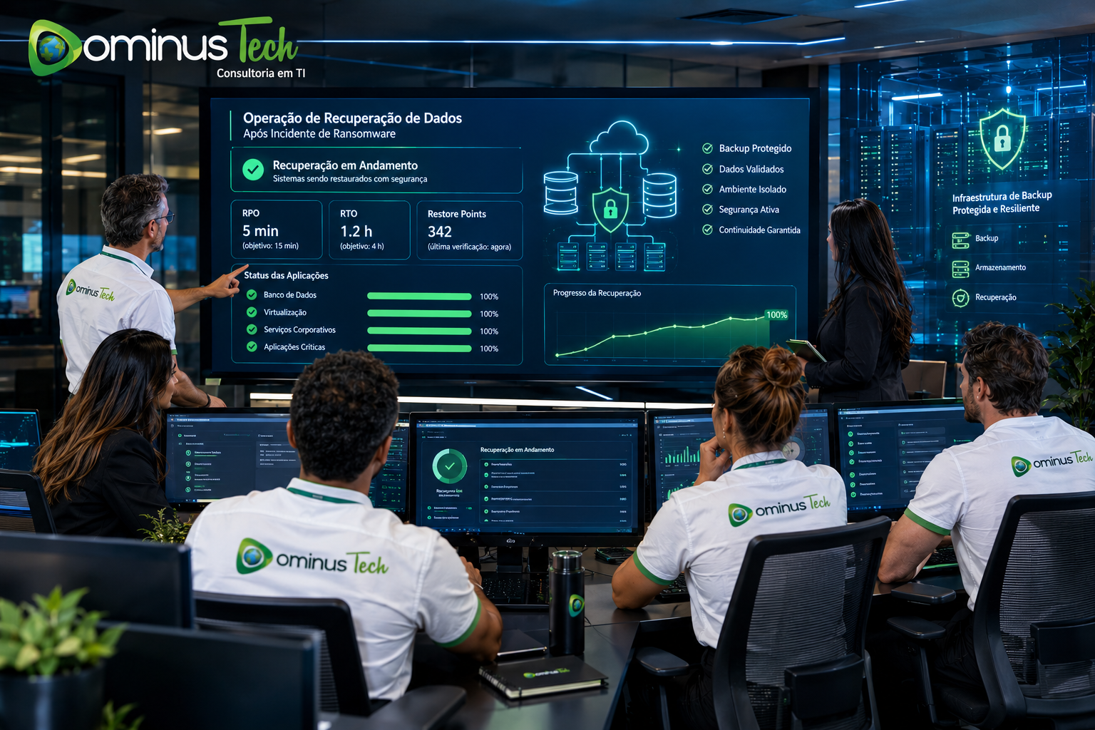 Equipe da Dominus Tech conduzindo operação de recuperação de dados após ransomware, com indicadores de RPO, RTO, restore points e segurança.