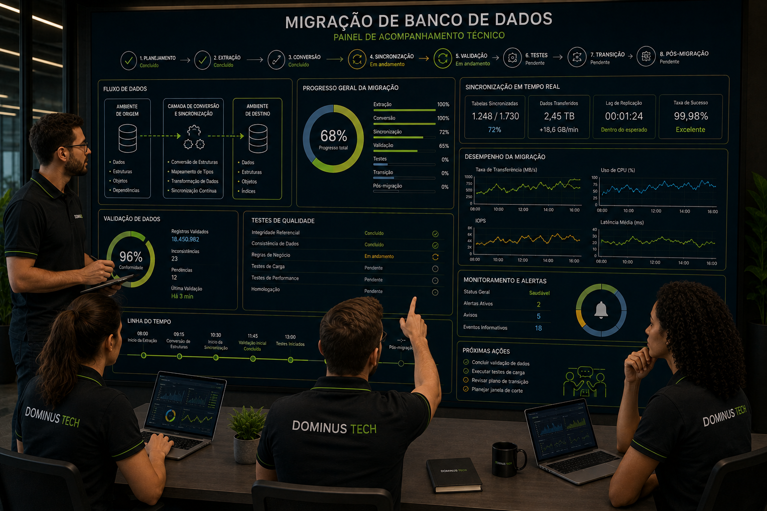 Equipe da Dominus Tech acompanhando painel técnico de migração de banco de dados com etapas de sincronização, validação, testes, desempenho e monitoramento.