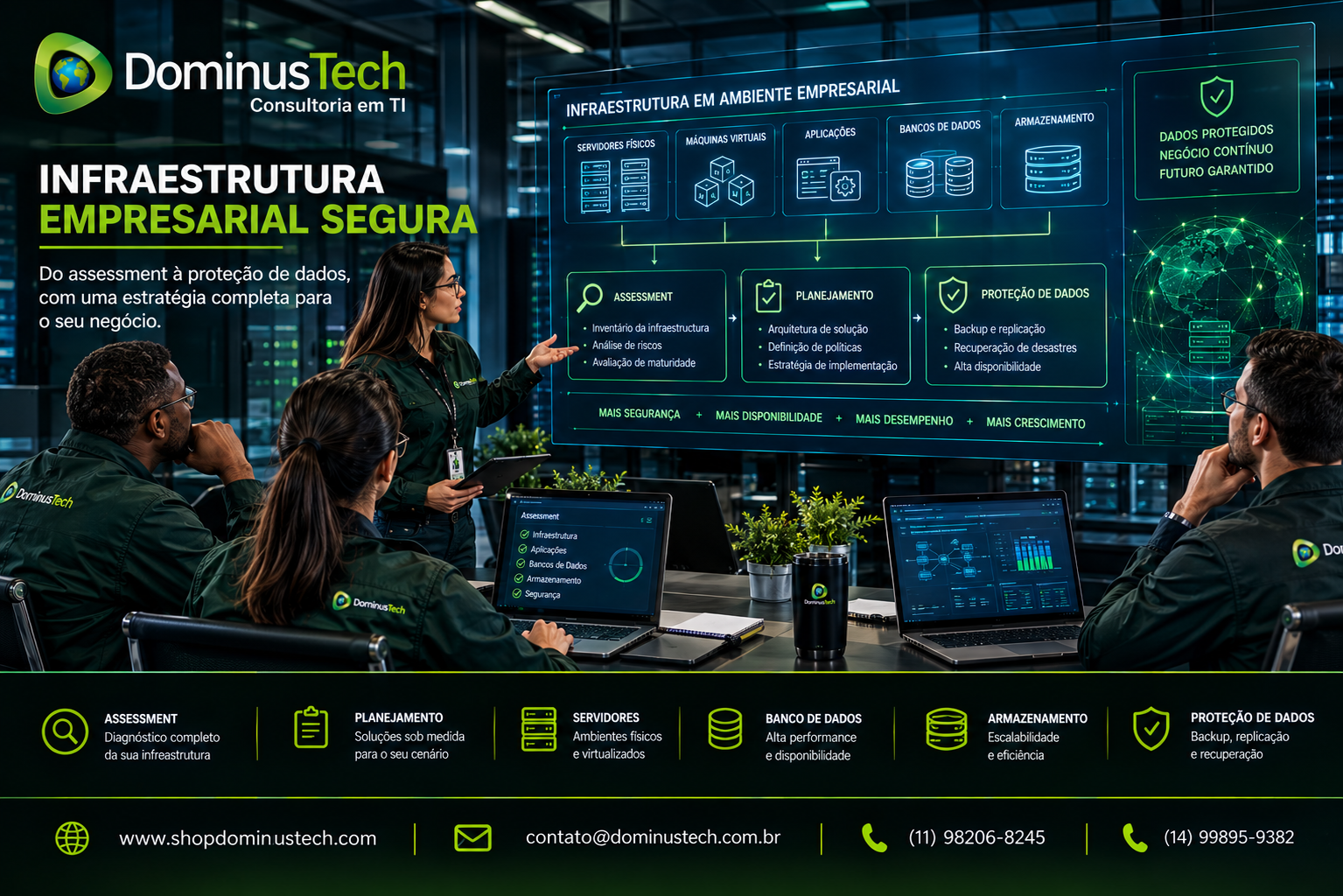 Profissionais da Dominus Tech analisando infraestrutura empresarial com servidores físicos, máquinas virtuais, bancos de dados, aplicações e armazenamento
