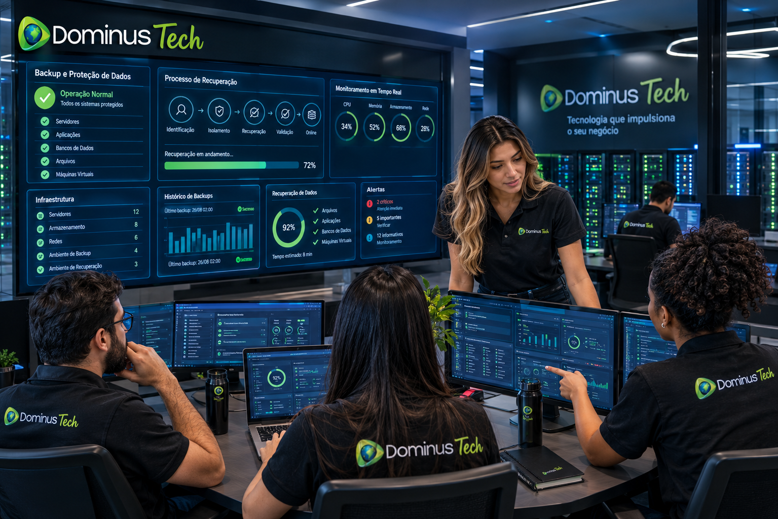 Profissionais da Dominus Tech acompanhando uma operação corporativa de backup, recuperação e proteção de dados em uma moderna sala de operações.