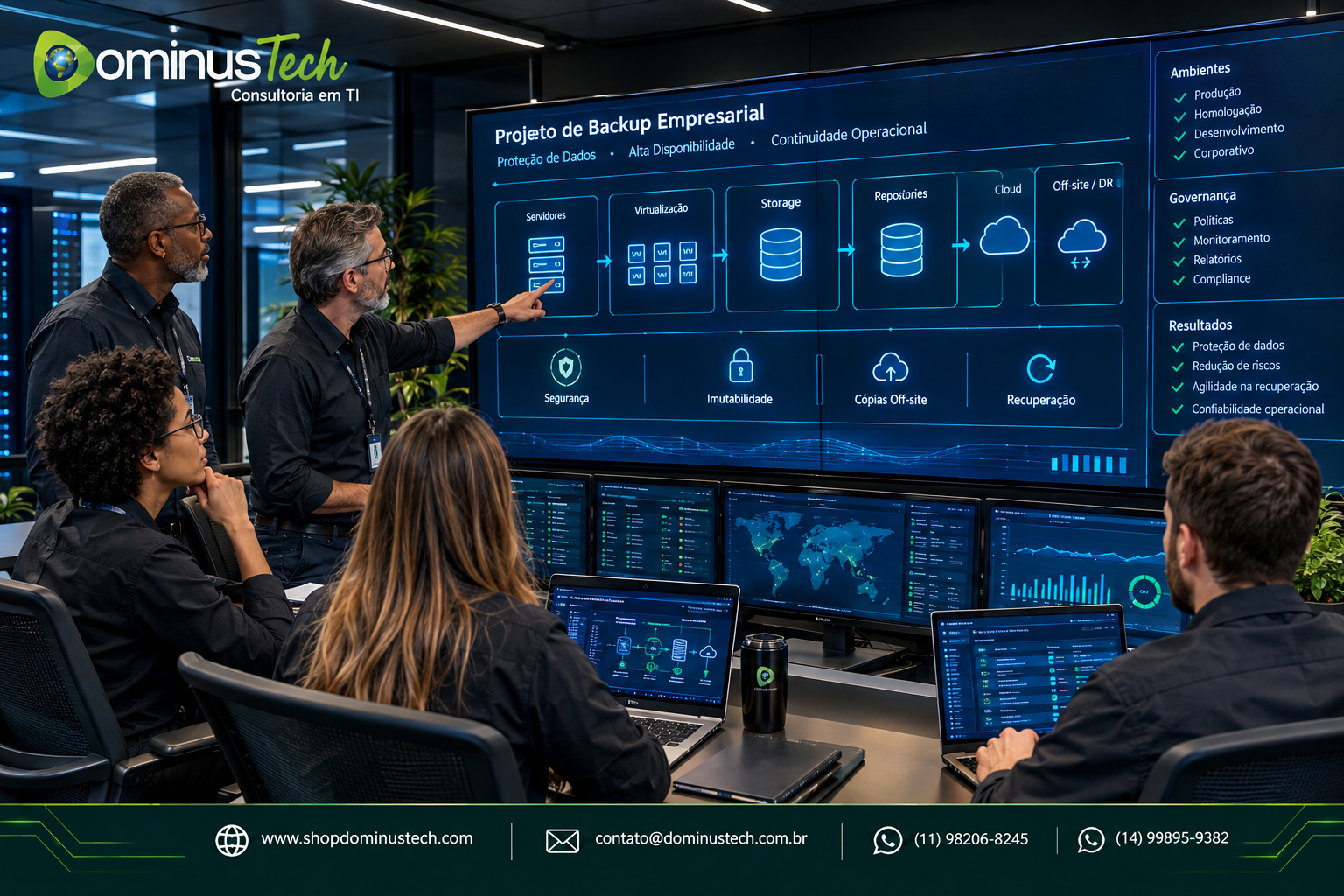 Equipe da Dominus Tech conduzindo um projeto corporativo de infraestrutura de backup empresarial em uma moderna sala de operações, analisando arquitetura de servidores, virtualização, armazenamento, repositórios, nuvem, cópias off-site, segurança, imutabilidade e recuperação de dados em painéis tecnológicos.