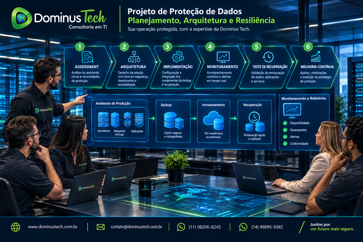 Equipe da Dominus Tech analisando projeto de proteção de dados com planejamento, arquitetura, implementação, monitoramento, recuperação e melhoria contínua. Veeam Parceiro