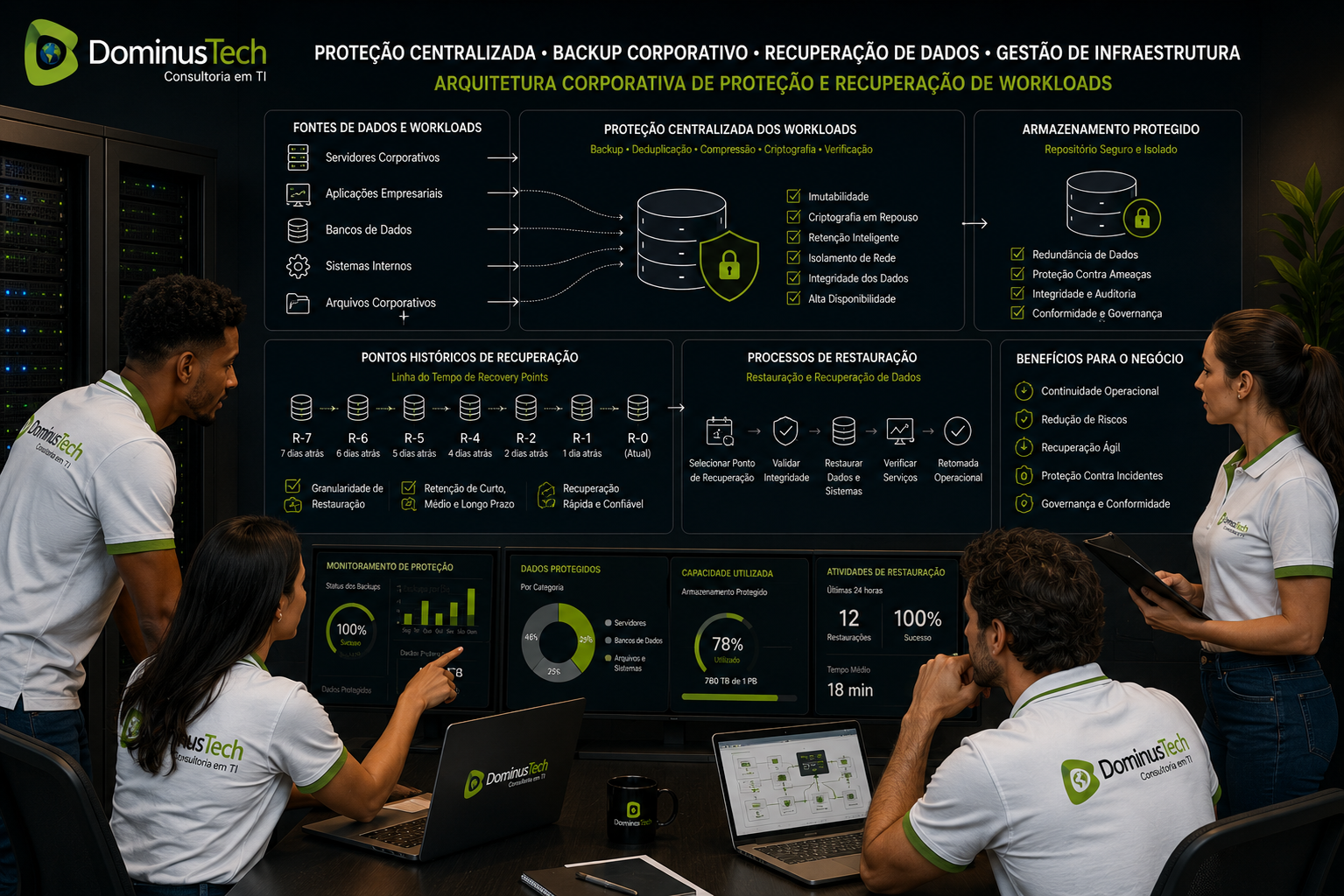 Profissionais da Dominus Tech analisando servidores corporativos, aplicações, bancos de dados e arquivos em uma arquitetura centralizada de backup e recuperação.