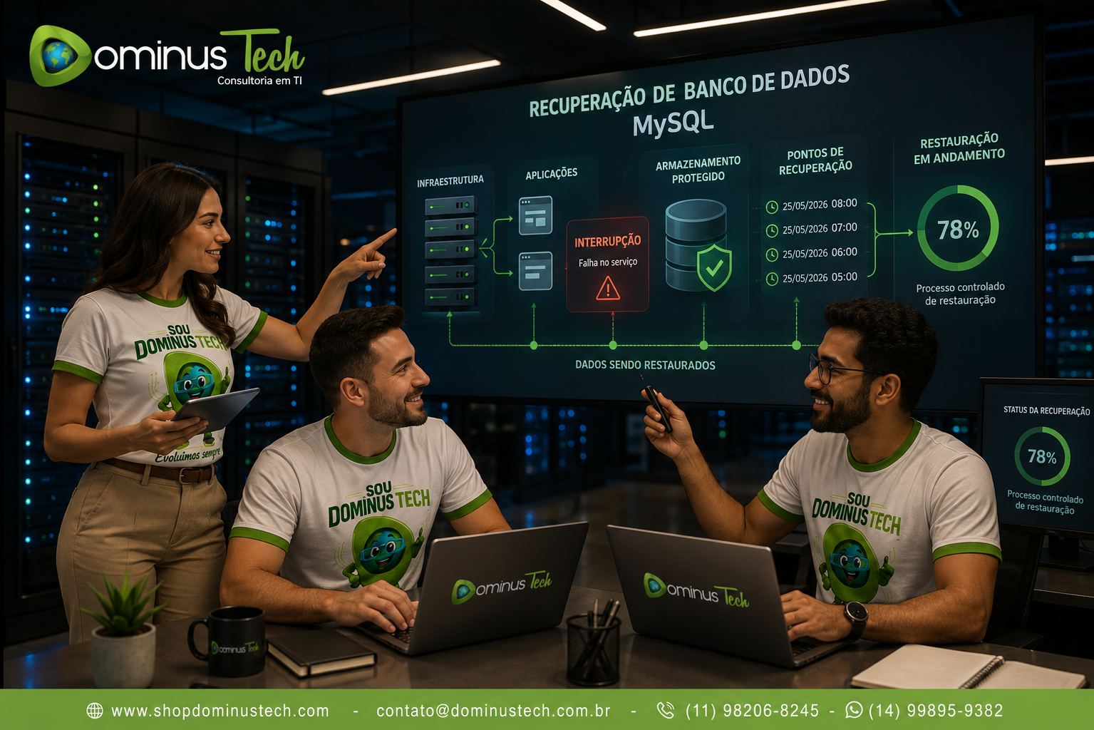 Profissionais da Dominus Tech acompanhando a recuperação controlada de um banco de dados MySQL em ambiente de infraestrutura tecnológica, com servidores, aplicações, armazenamento protegido e pontos de recuperação.