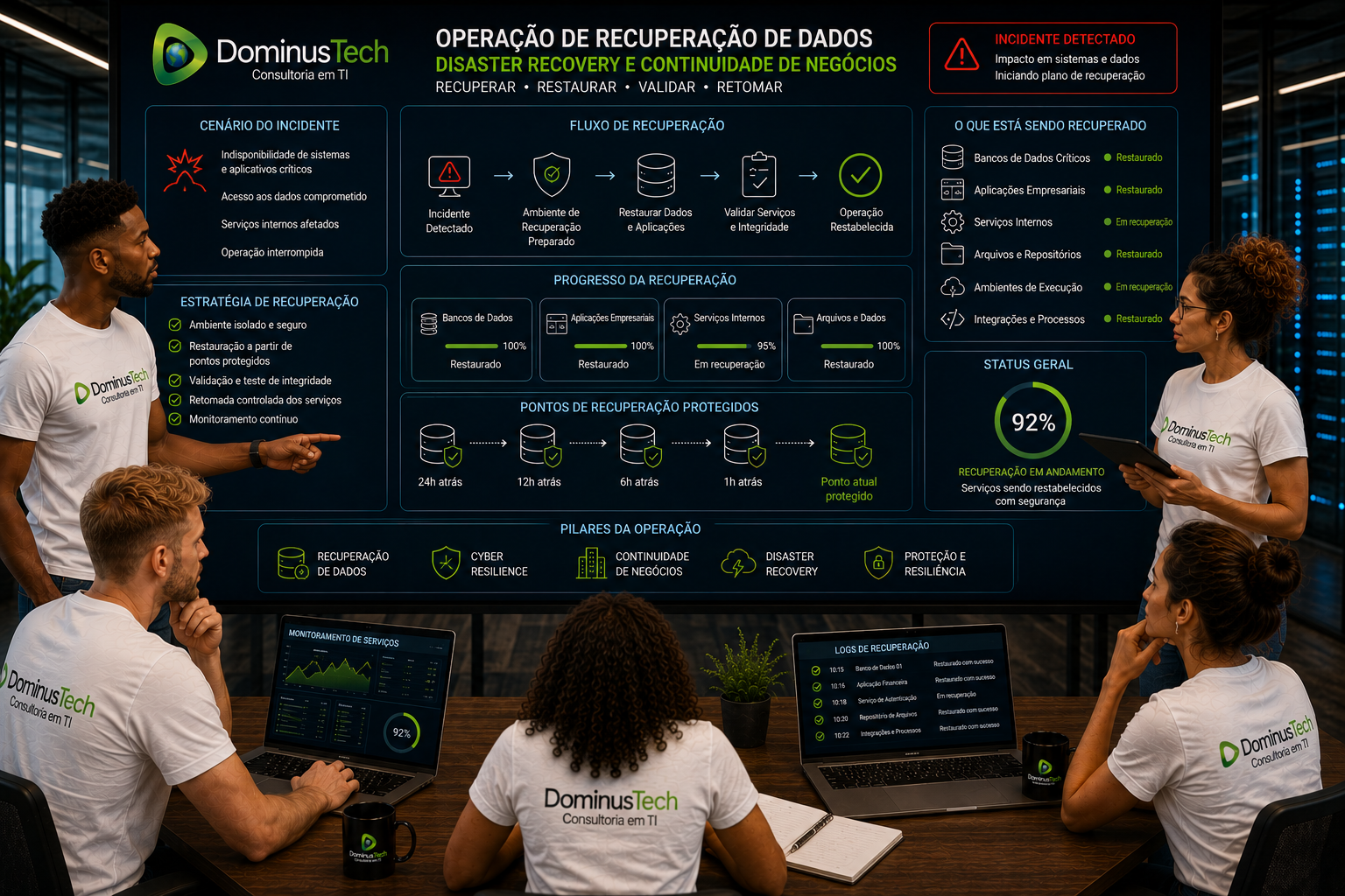 Equipe da Dominus Tech conduzindo recuperação de dados corporativos após incidente, com bancos de dados, aplicações empresariais e serviços internos sendo restaurados a partir de pontos de recuperação protegidos.