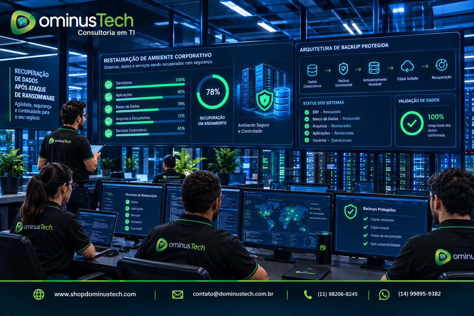 Equipe da Dominus Tech acompanhando a recuperação de dados após ataque de ransomware, com servidores, sistemas restaurados, backup protegido, armazenamento imutável e validação dos dados.